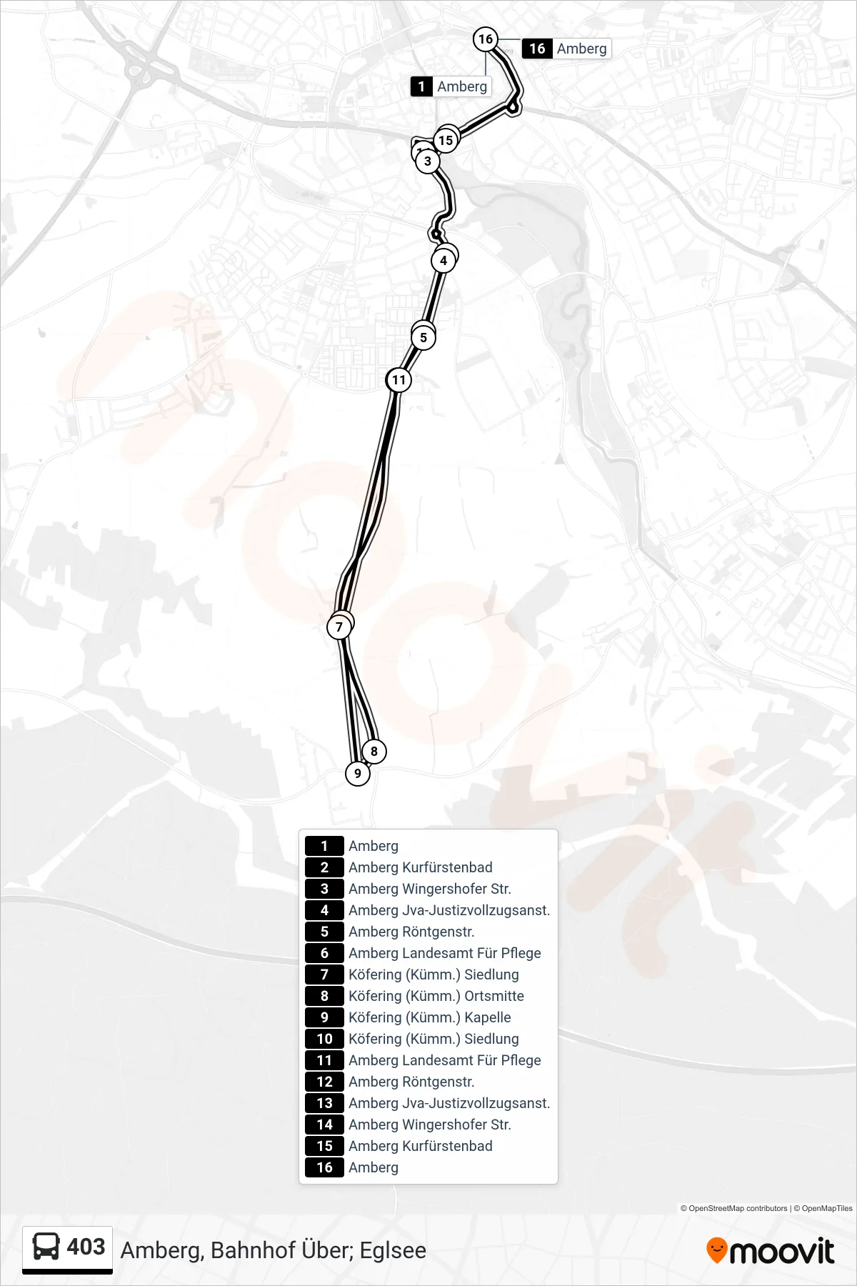 403 bus Line (Amberg, Bahnhof Über; Eglsee) route and stops on a map