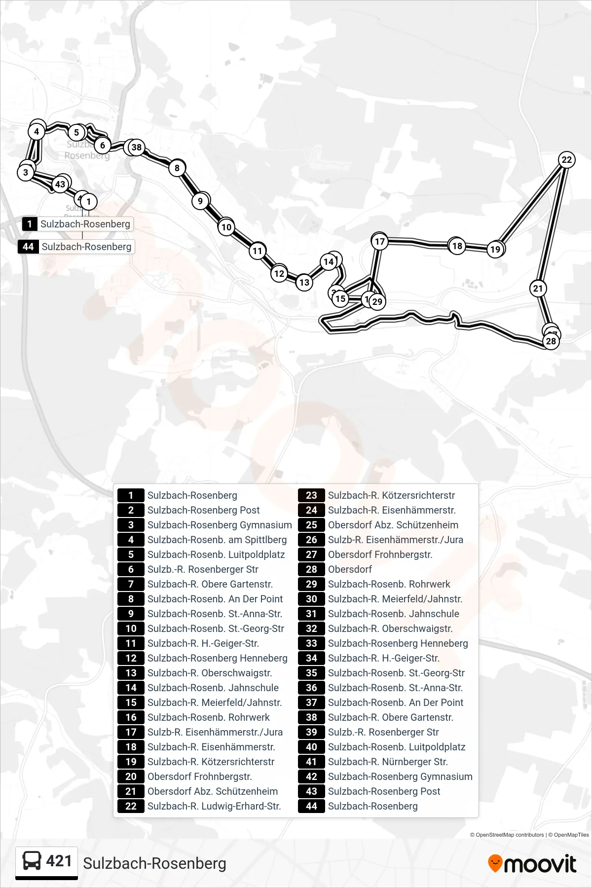 421 bus Line (Sulzbach-Rosenberg) route and stops on a map