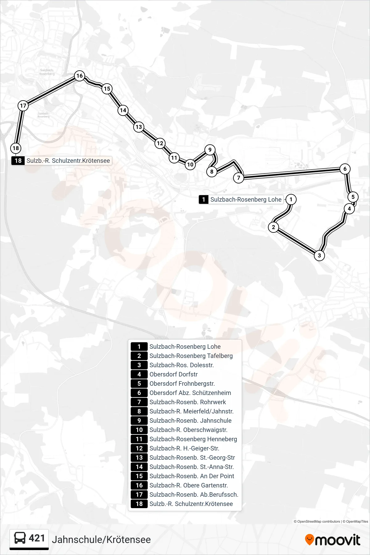 421 bus Line (Jahnschule/Krötensee) route and stops on a map