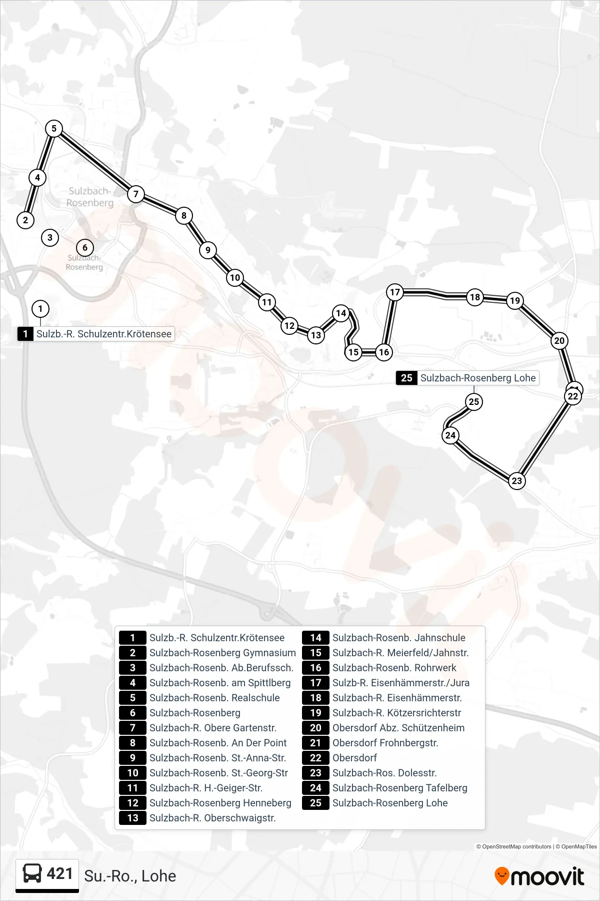 421 bus Line (Su.-Ro., Lohe) route and stops on a map