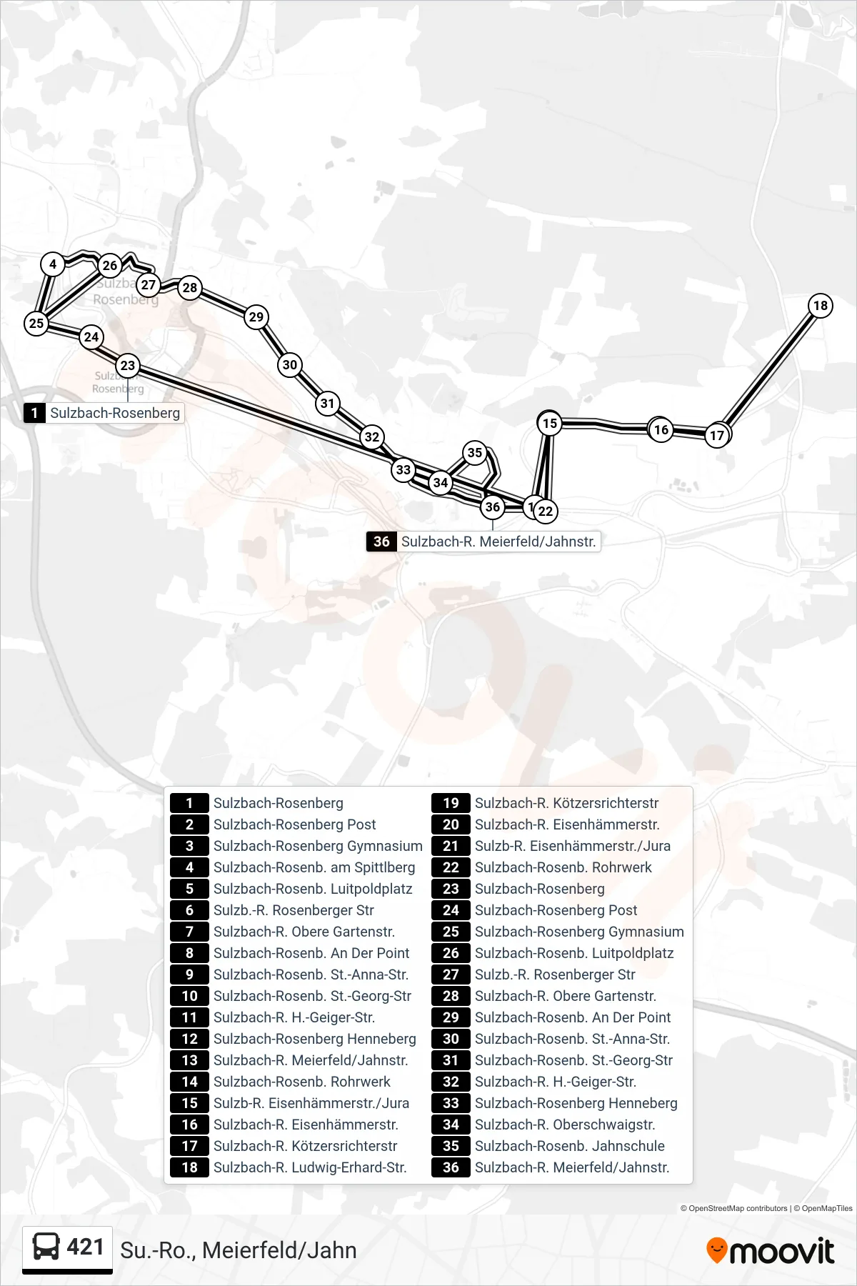 421 bus Line (Su.-Ro., Meierfeld/Jahn) route and stops on a map