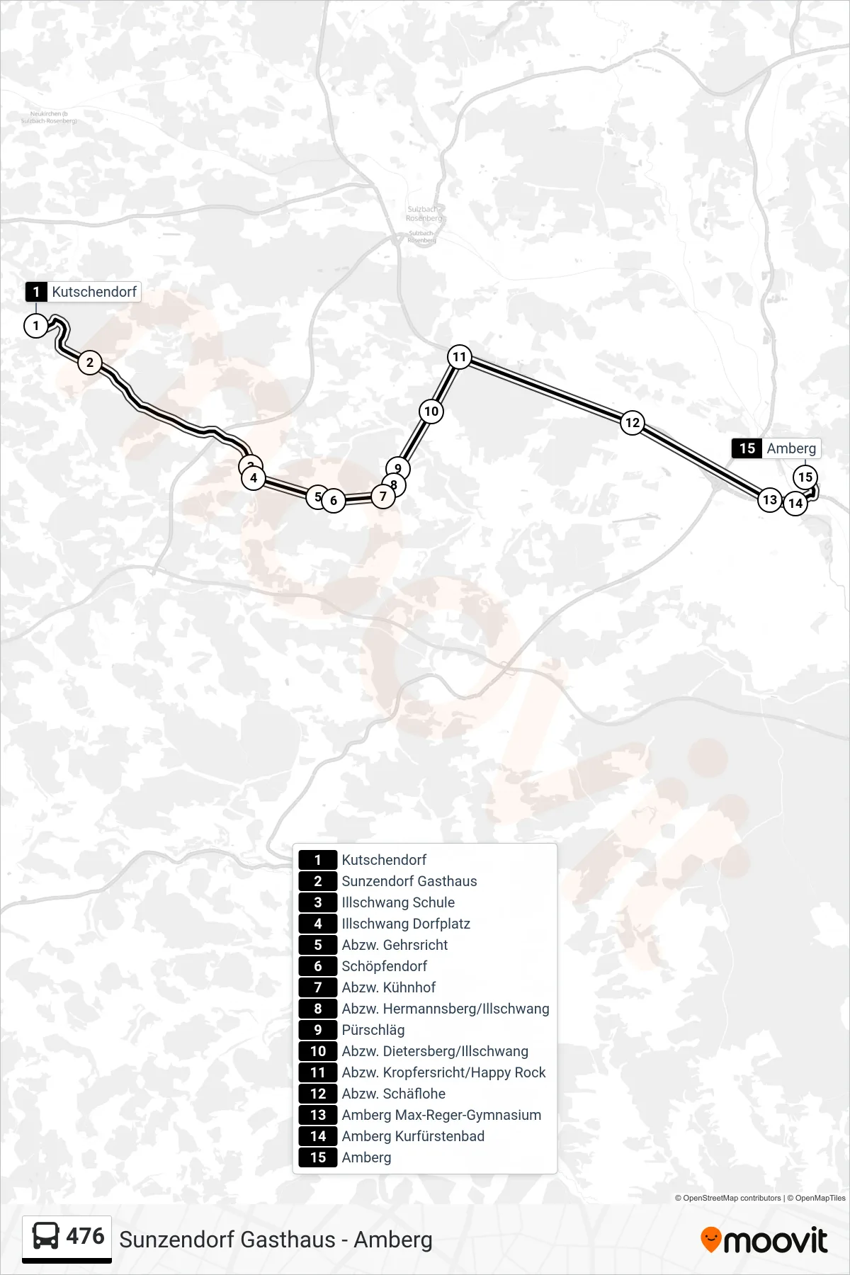 476 bus Line (Amberg ; Über Illschwang) route and stops on a map