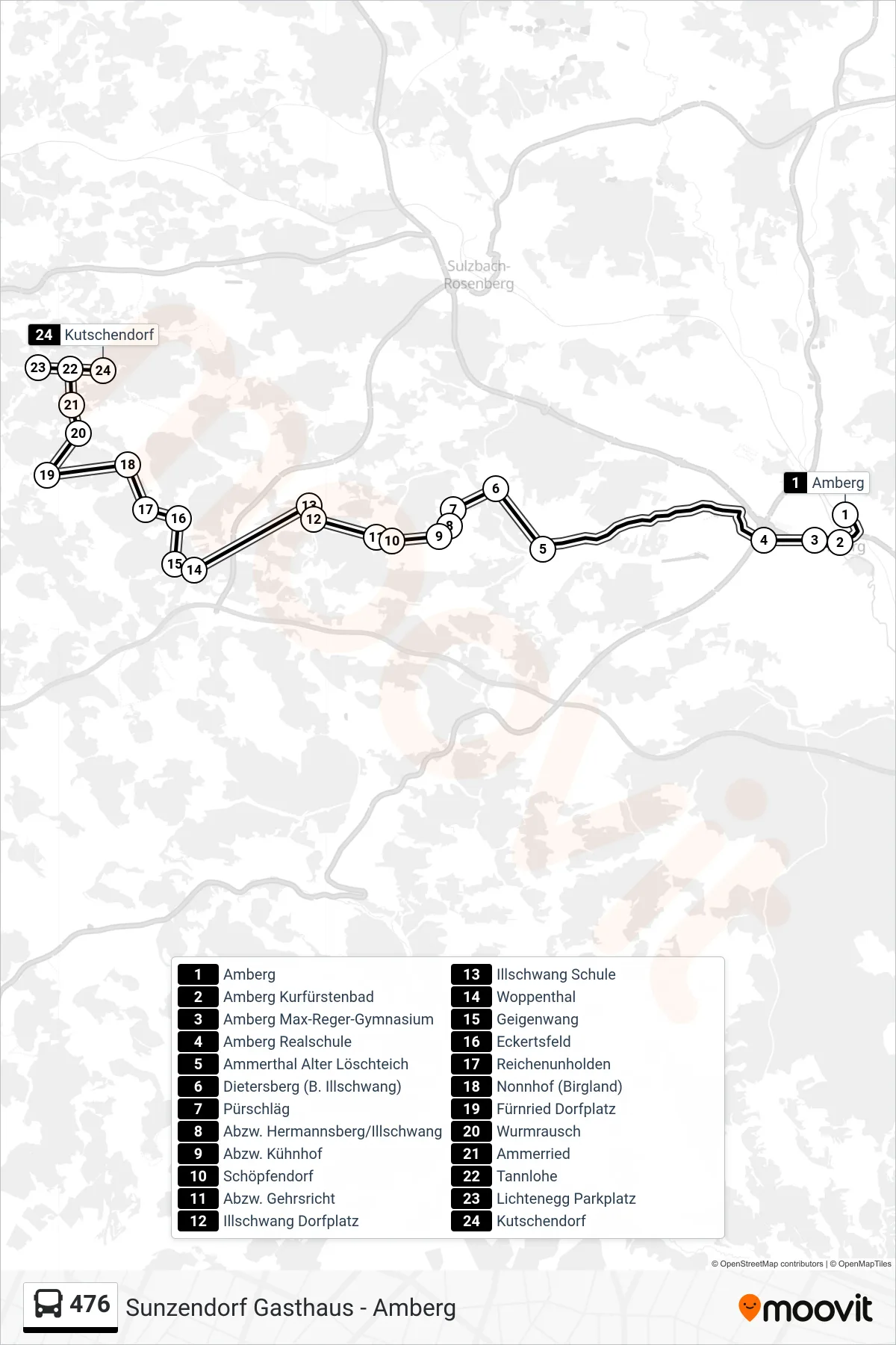 476 bus Line (Kutschendorf; Ammerthal) route and stops on a map