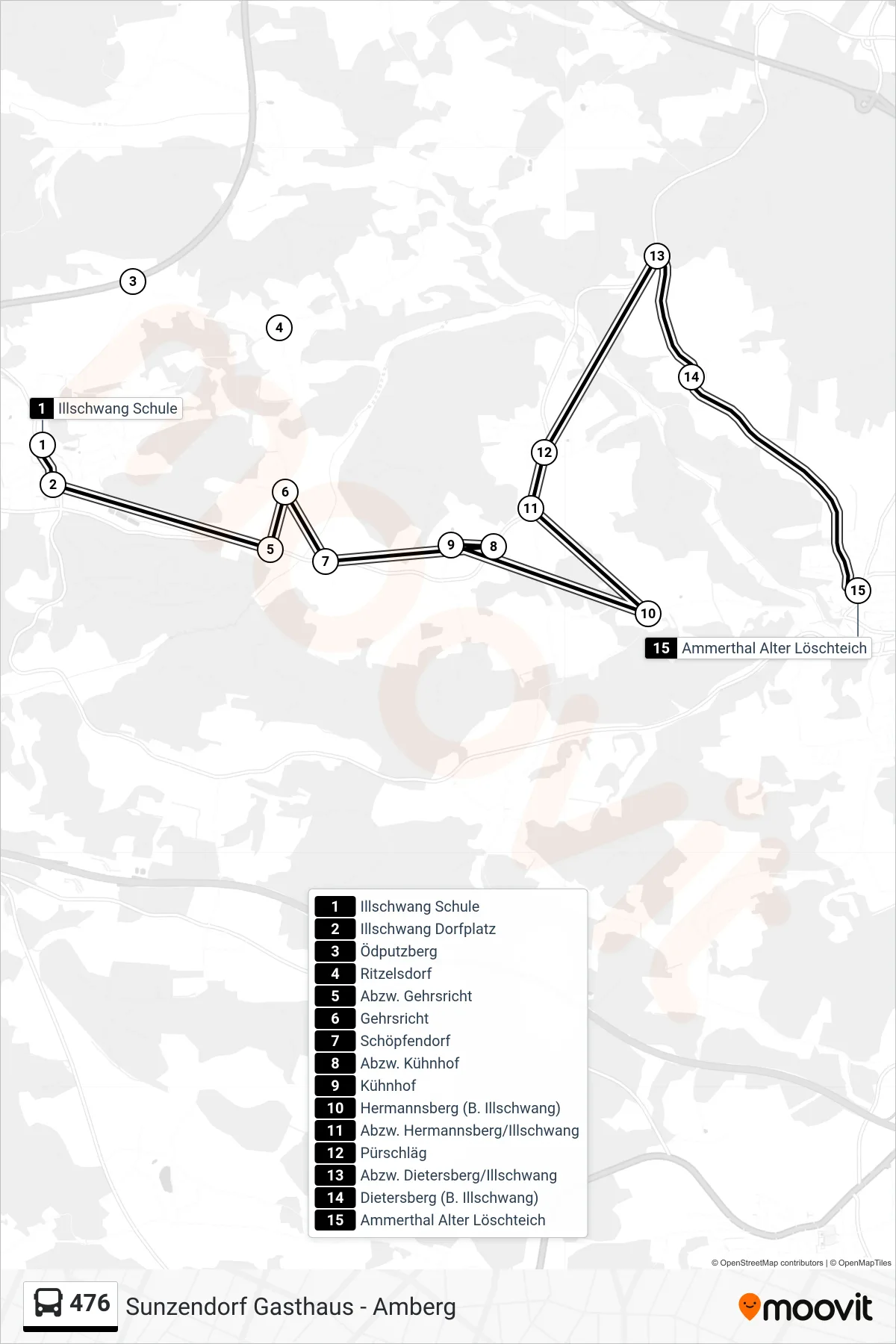Linie 476 (Bus) Richtung Ammerthal; Dorfplatz: Route und Haltestellen auf der Karte