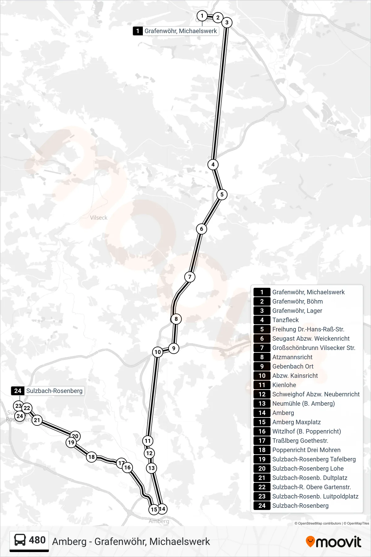 Linie 480 (Bus) Richtung Sulzbach-Rosenberg: Route und Haltestellen auf der Karte