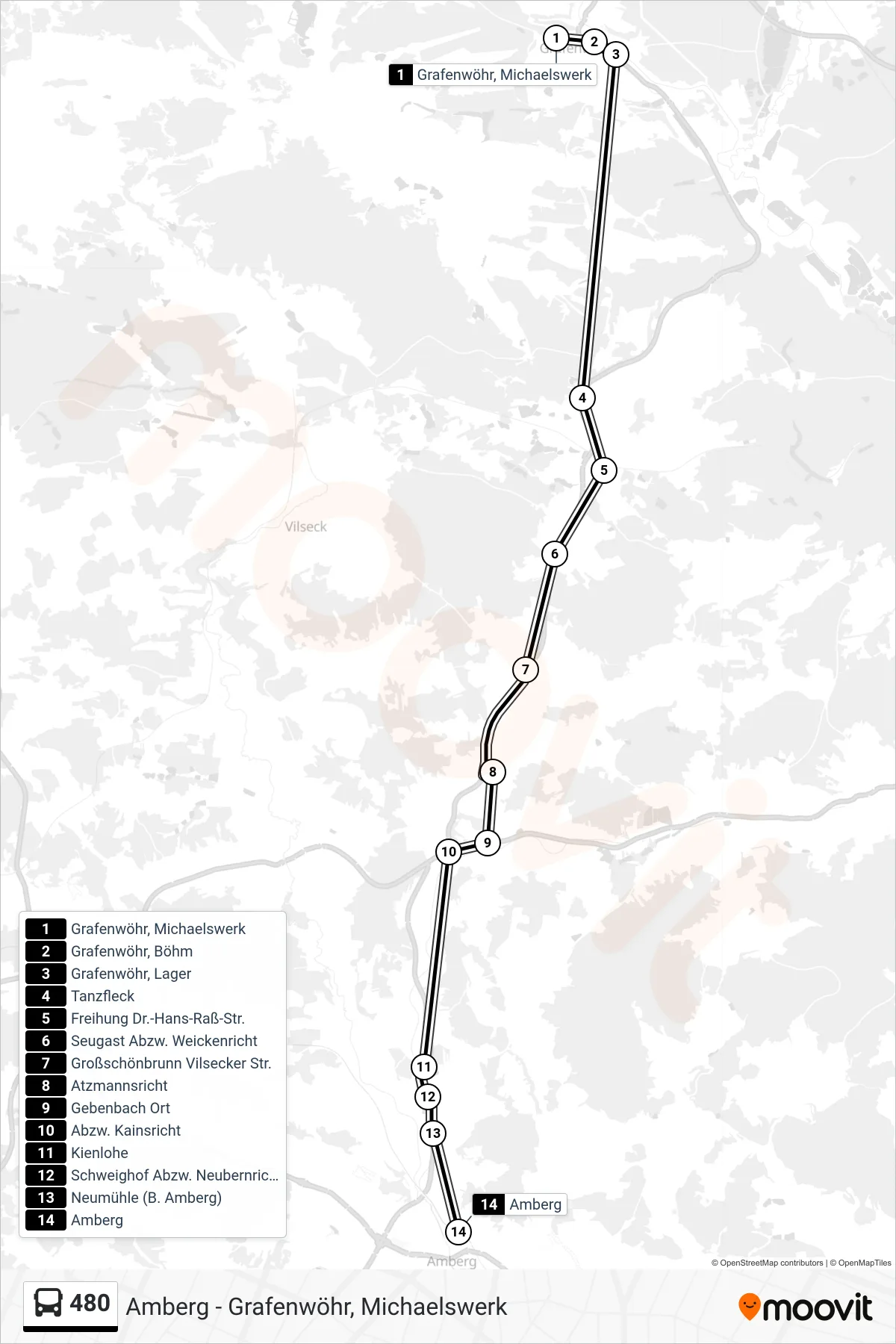 480 bus Line (Amberg Bf.) route and stops on a map