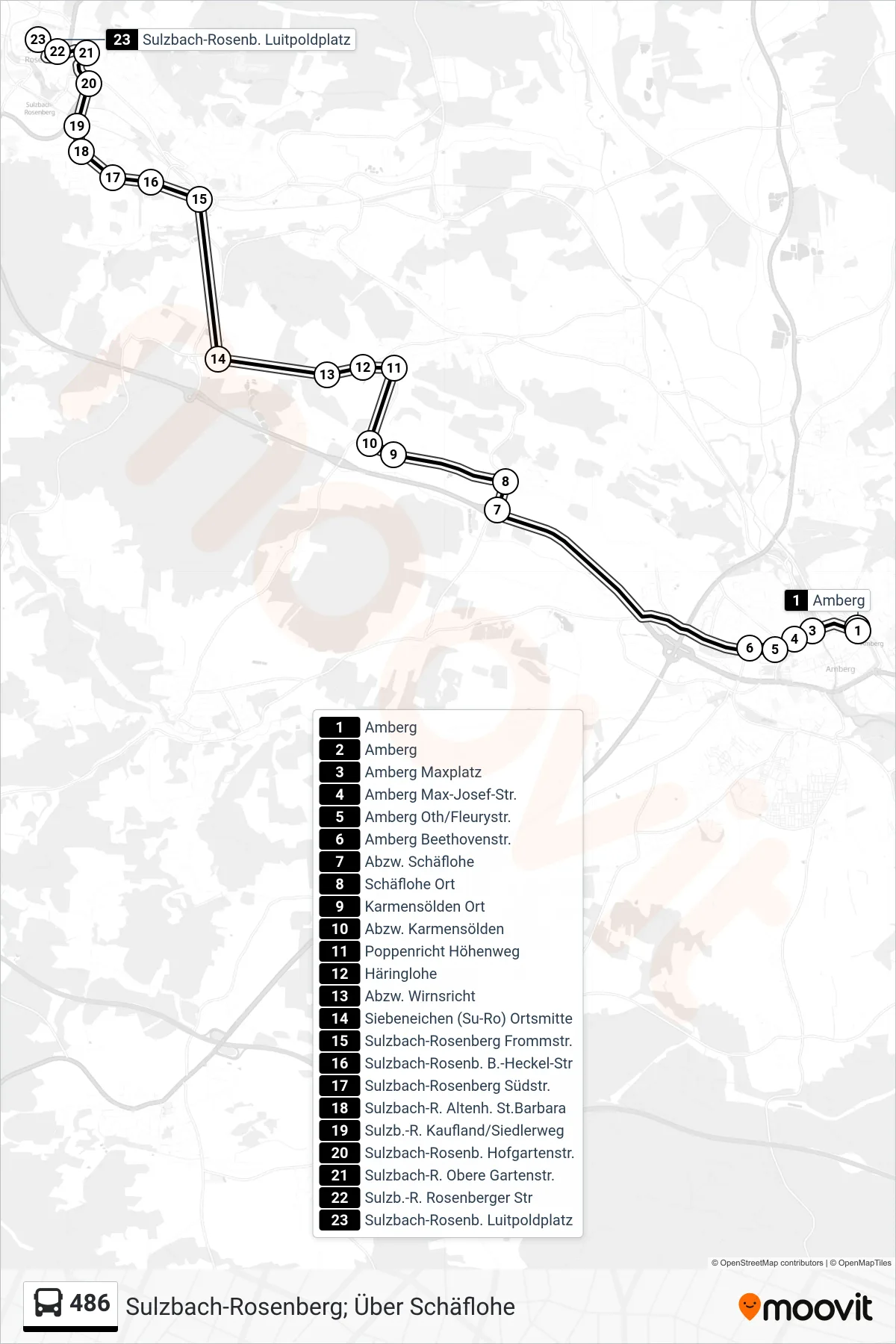 Linie 486 (Bus) Richtung Sulzbach-Rosenberg; Über Schäflohe: Route und Haltestellen auf der Karte
