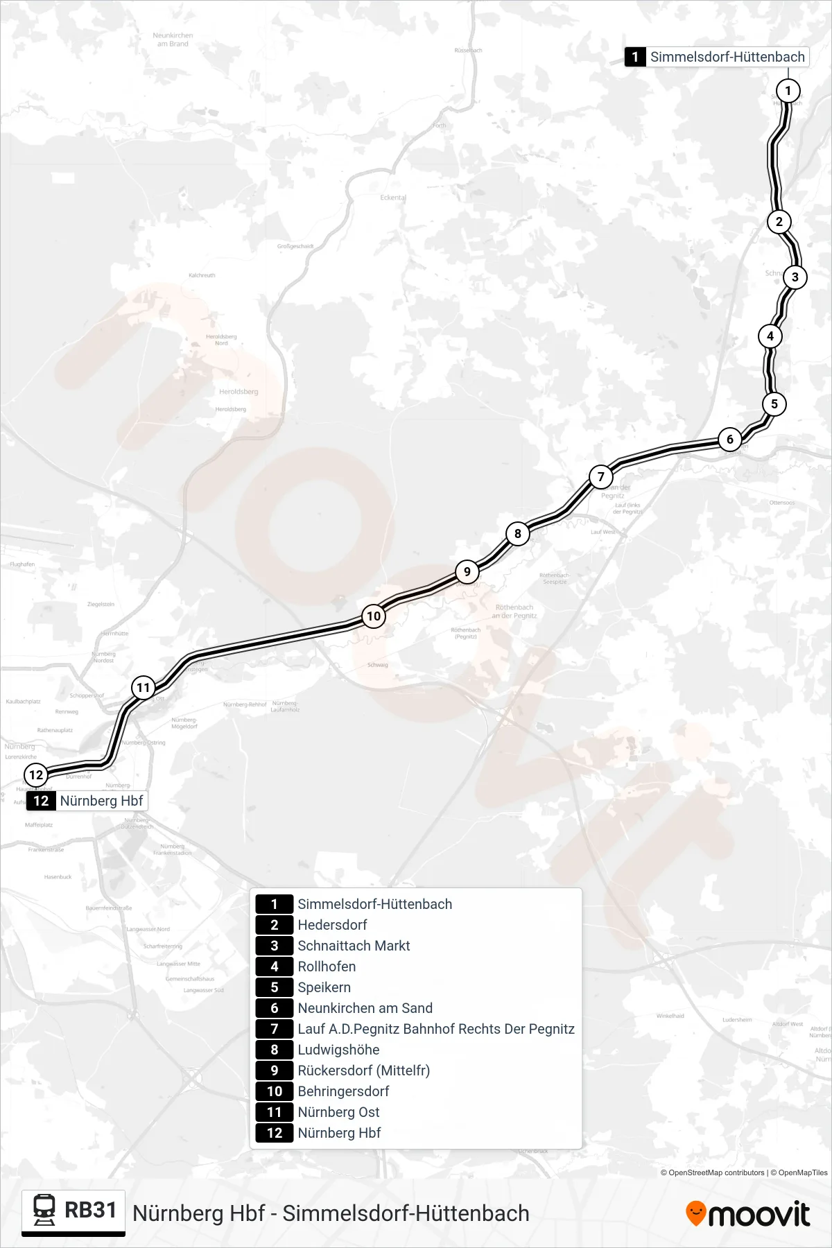 RB31 train Line (Nürnberg Hbf) route and stops on a map