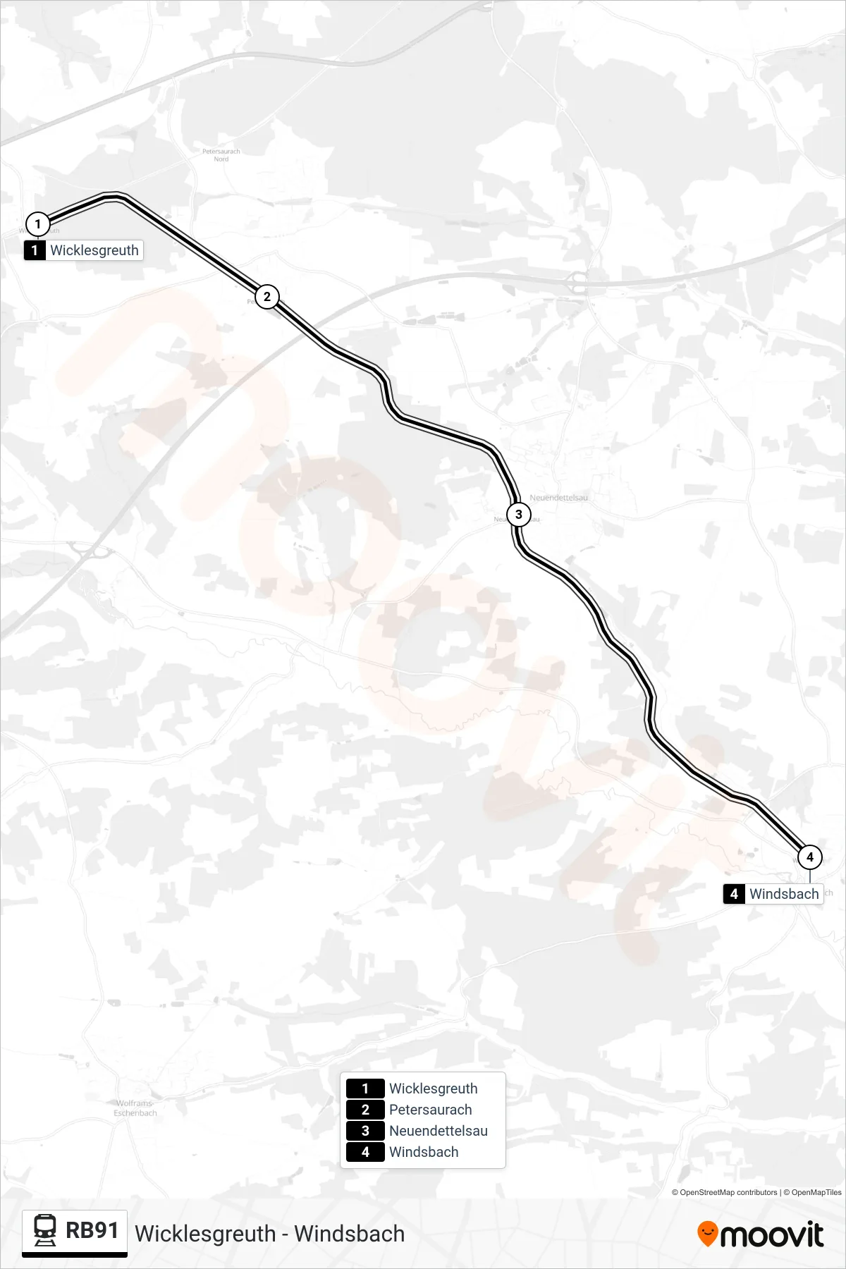 Linie RB91 (Bahn) Richtung Windsbach: Route und Haltestellen auf der Karte