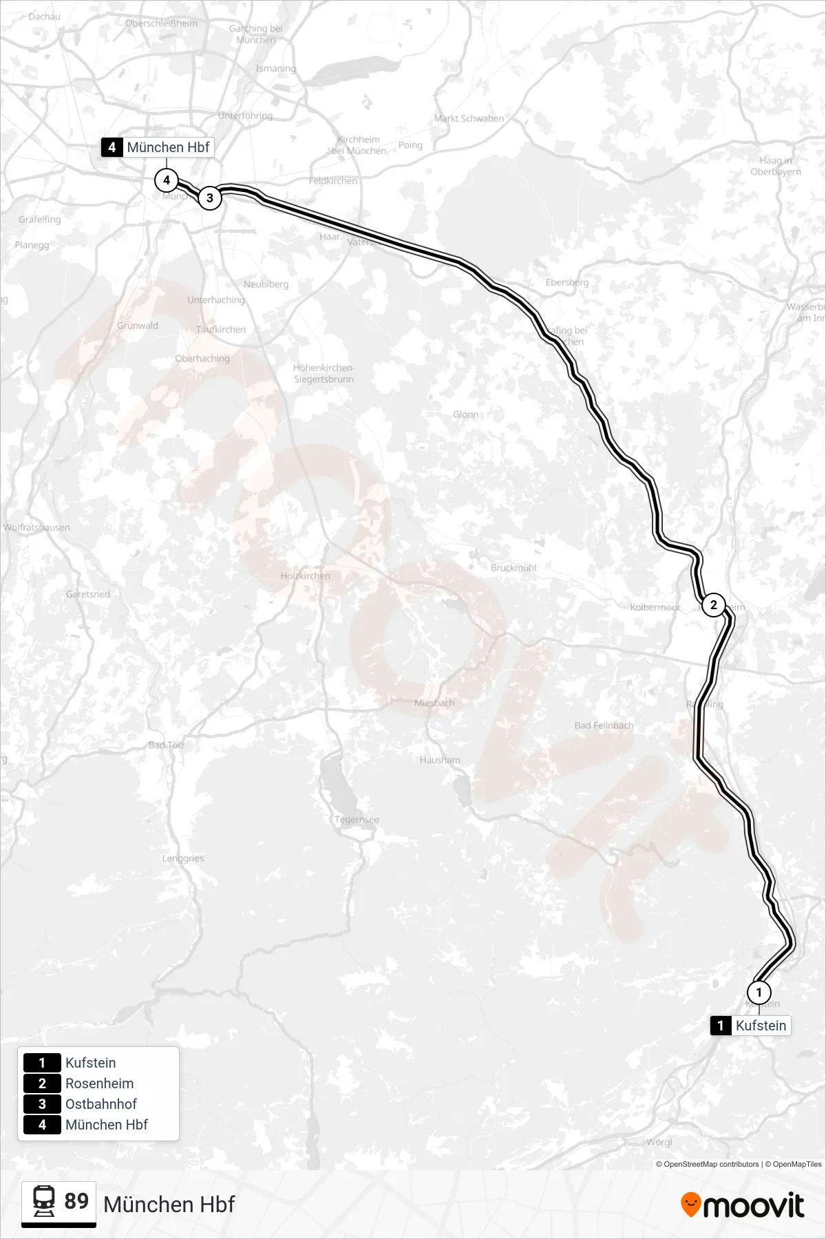 89 train Line (München Hbf) route and stops on a map
