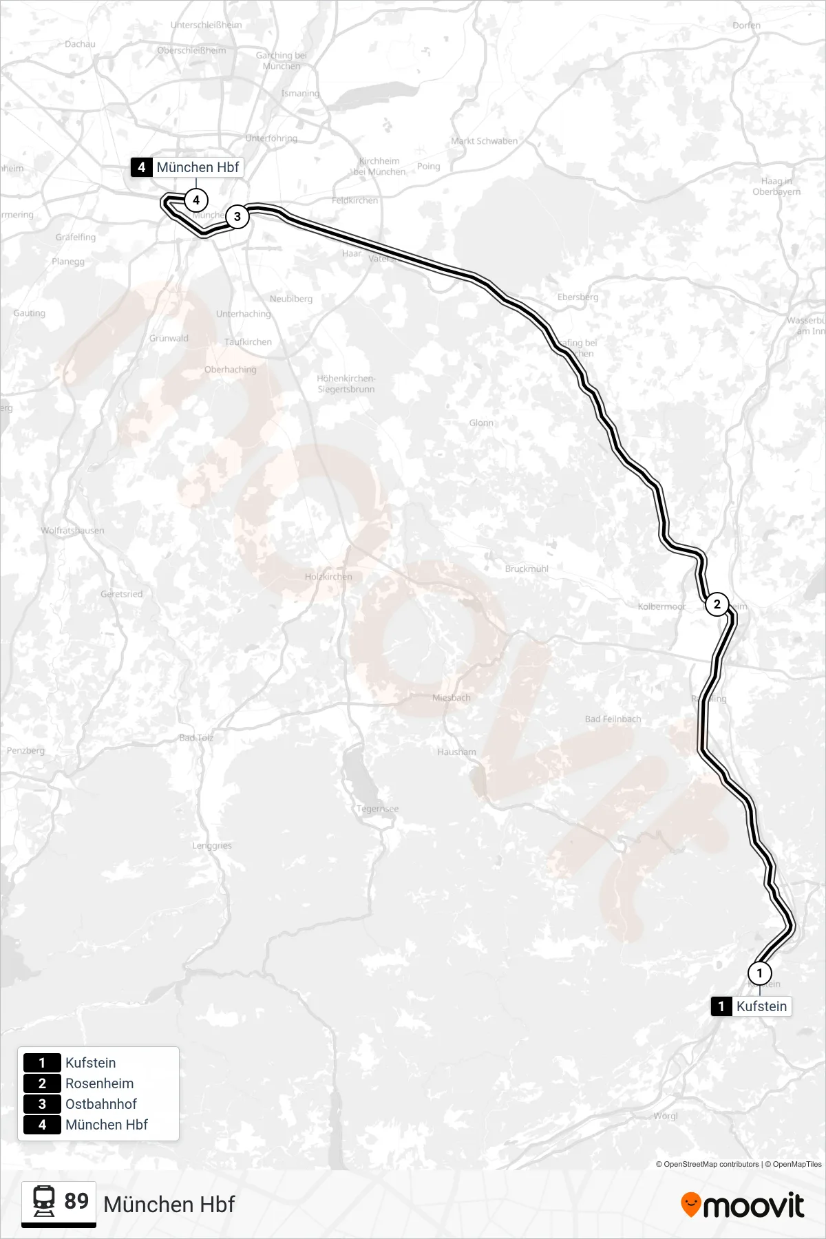 Linie 89 (Bahn) Richtung München Hbf: Route und Haltestellen auf der Karte