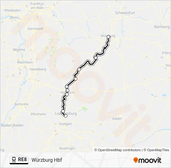 Поезд RE8: карта маршрута