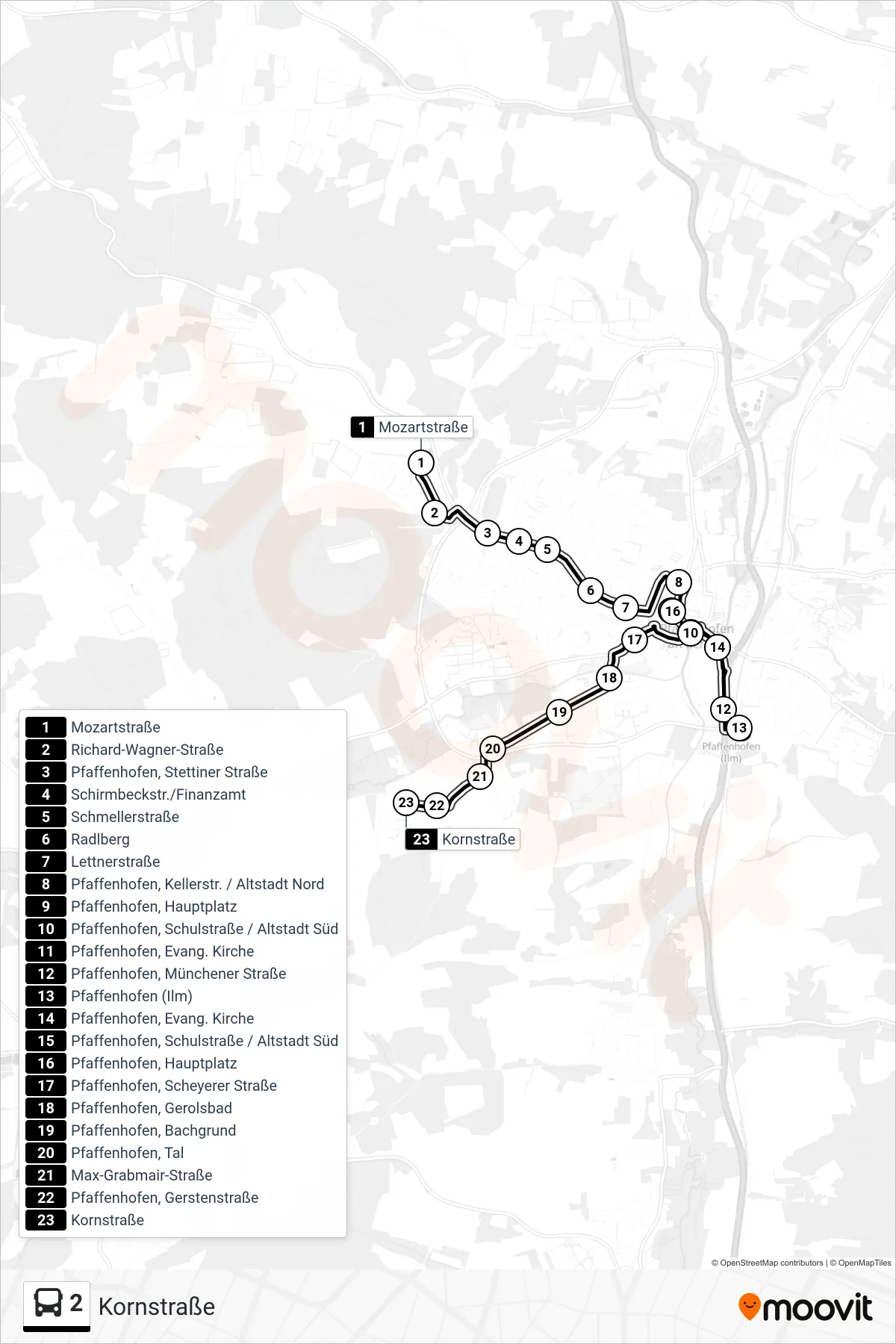 Linie 2 (Bus) Richtung Kornstraße: Route und Haltestellen auf der Karte