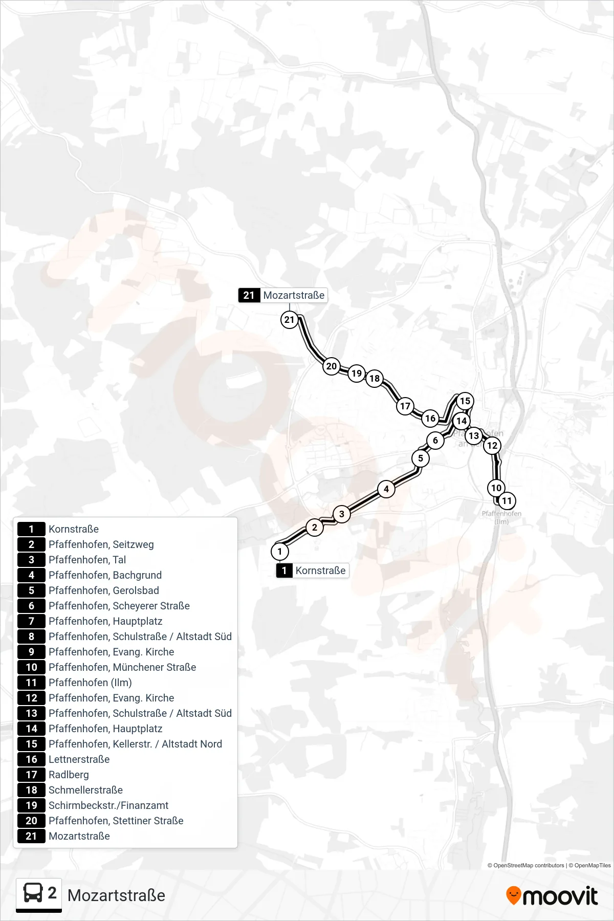 2 bus Line (Mozartstraße) route and stops on a map