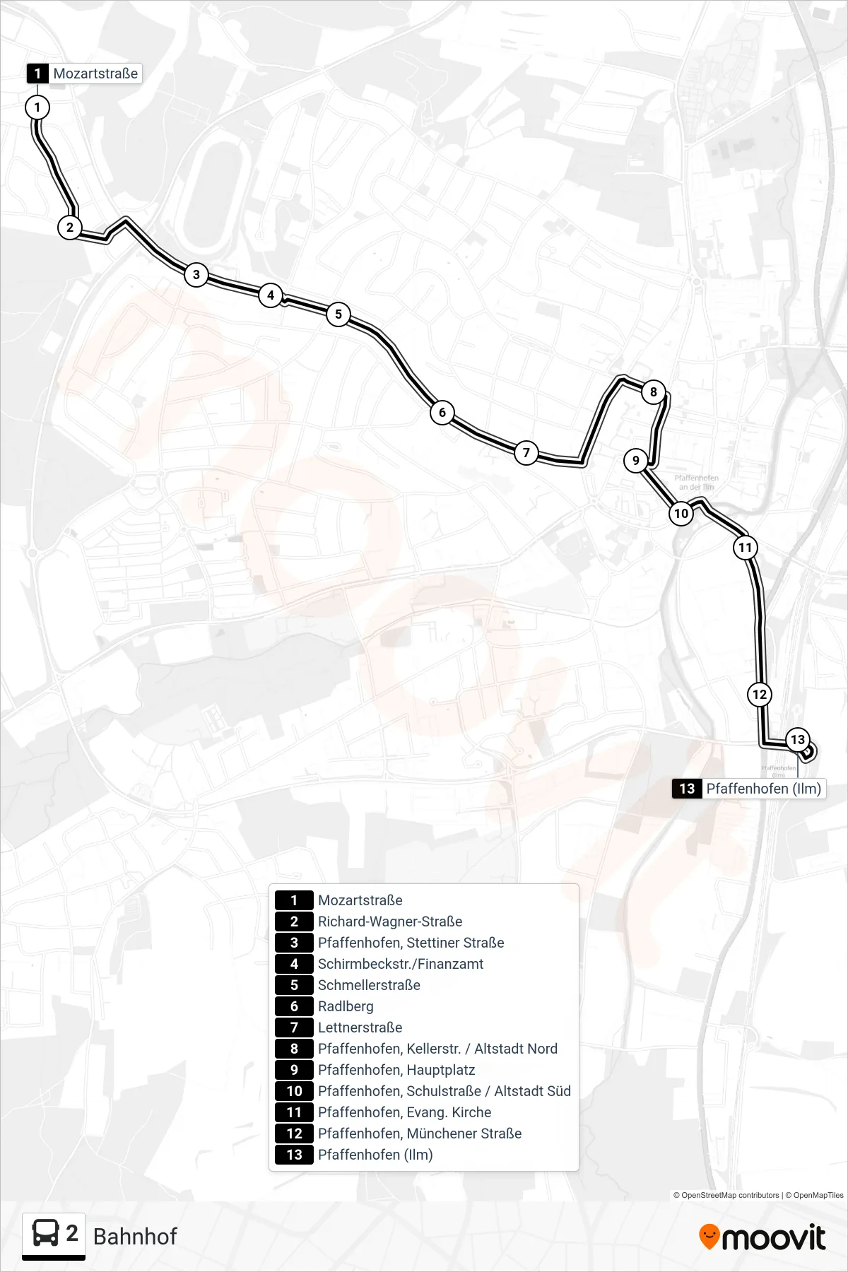 2 bus Line (Bahnhof) route and stops on a map