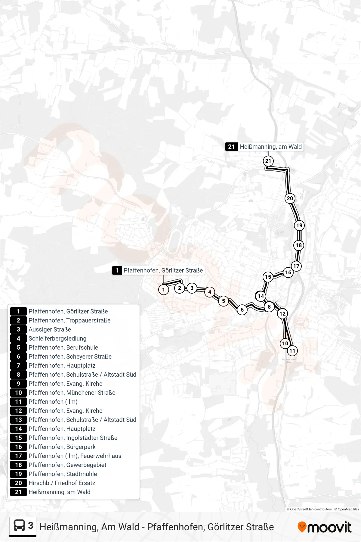Linie 3 (Bus) Richtung Heißmanning, am Wald: Route und Haltestellen auf der Karte