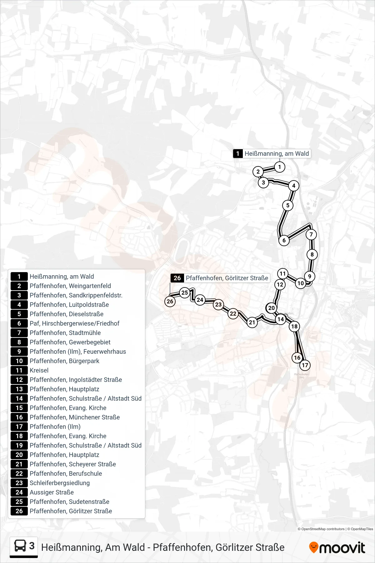 3 bus Line (Pfaffenhofen, Görlitzer Straße) route and stops on a map