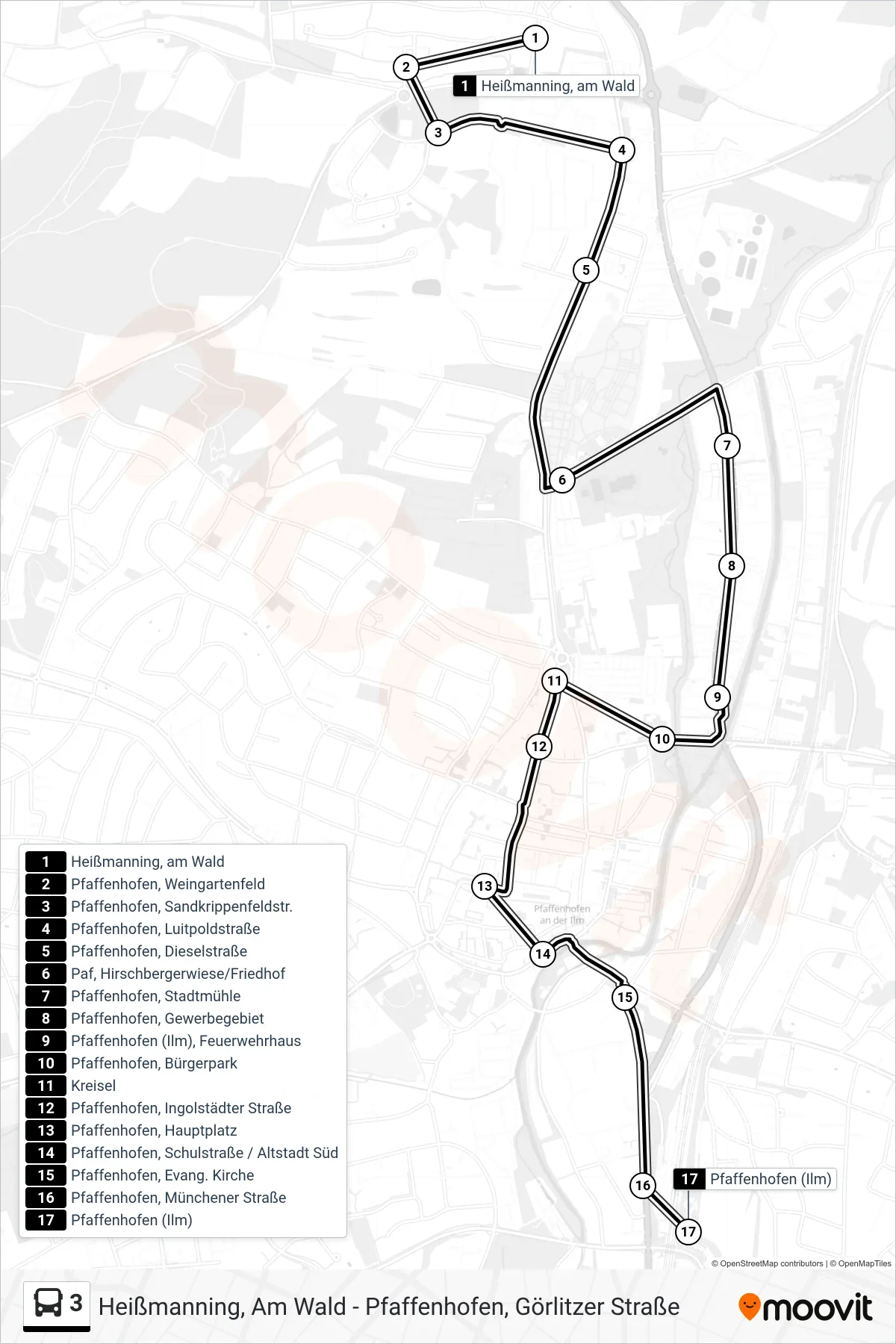 3 bus Line (Bahnhof) route and stops on a map