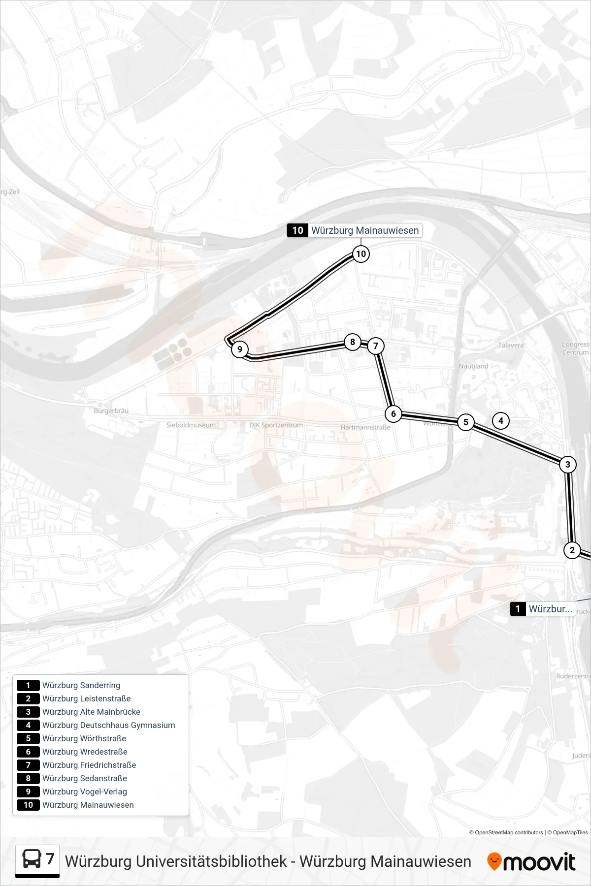7 bus Line (Zellerau) route and stops on a map
