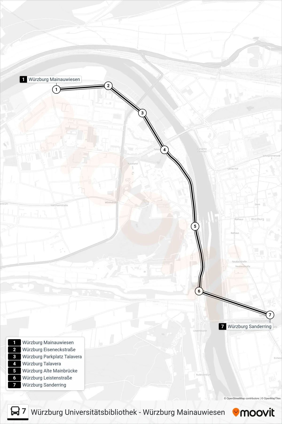7 bus Line (Sanderring) route and stops on a map