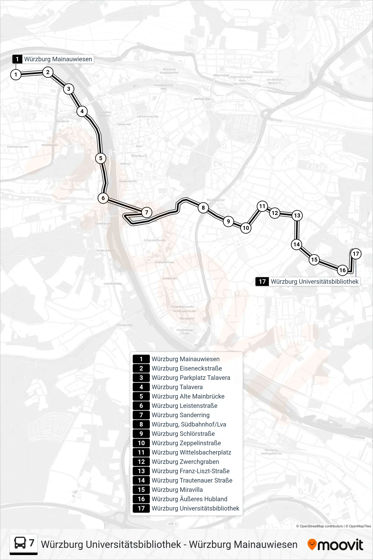 7 bus Line (Würzburg Universitätsbibliothek) route and stops on a map