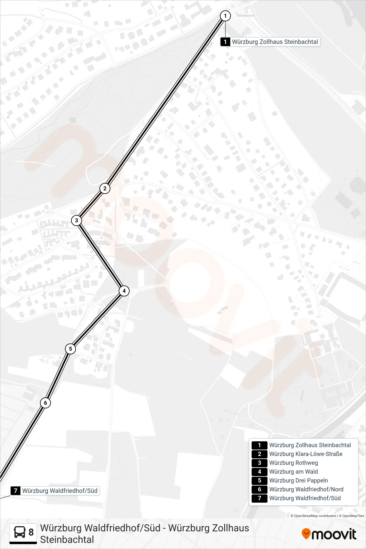 8 bus Line (Würzburg Waldfriedhof/Süd) route and stops on a map
