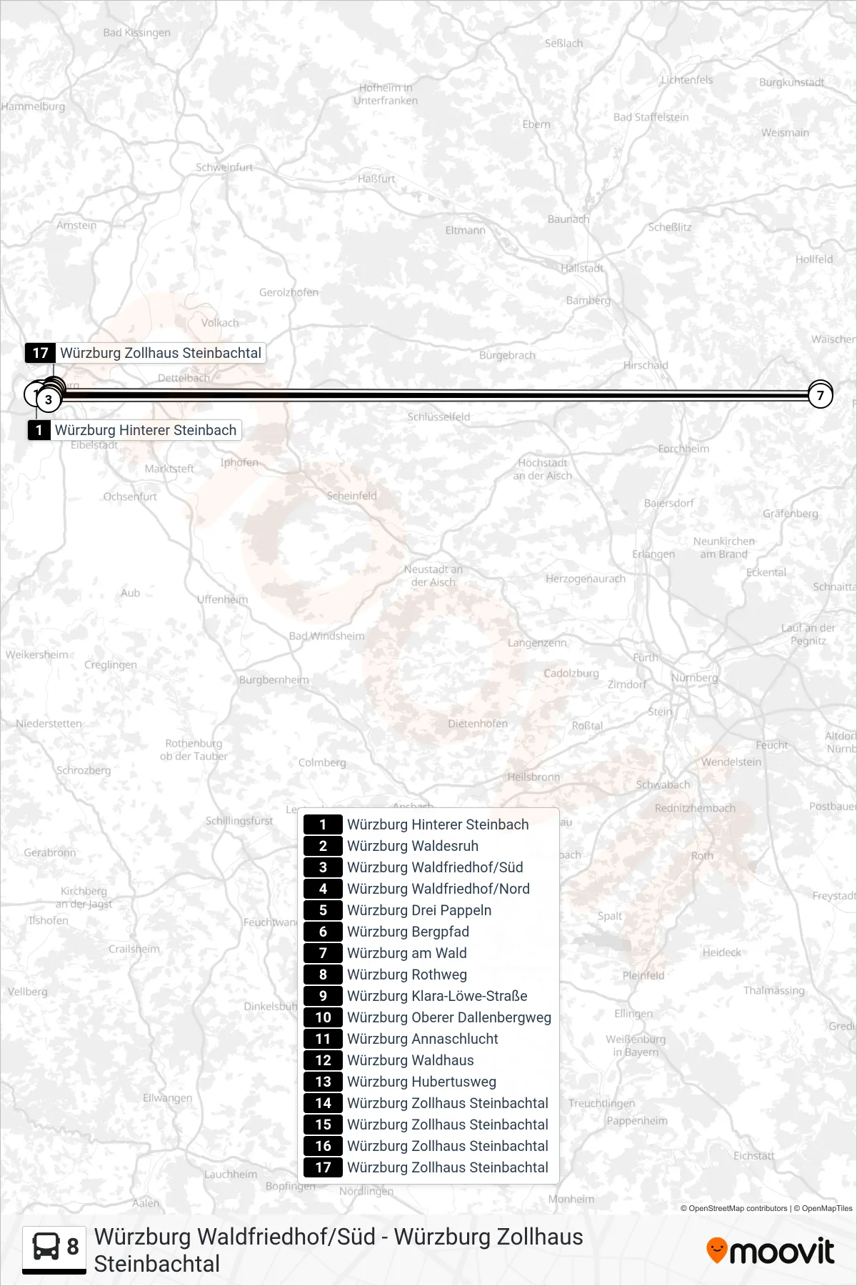 8 bus Line (Würzburg Zollhaus Steinbachtal) route and stops on a map
