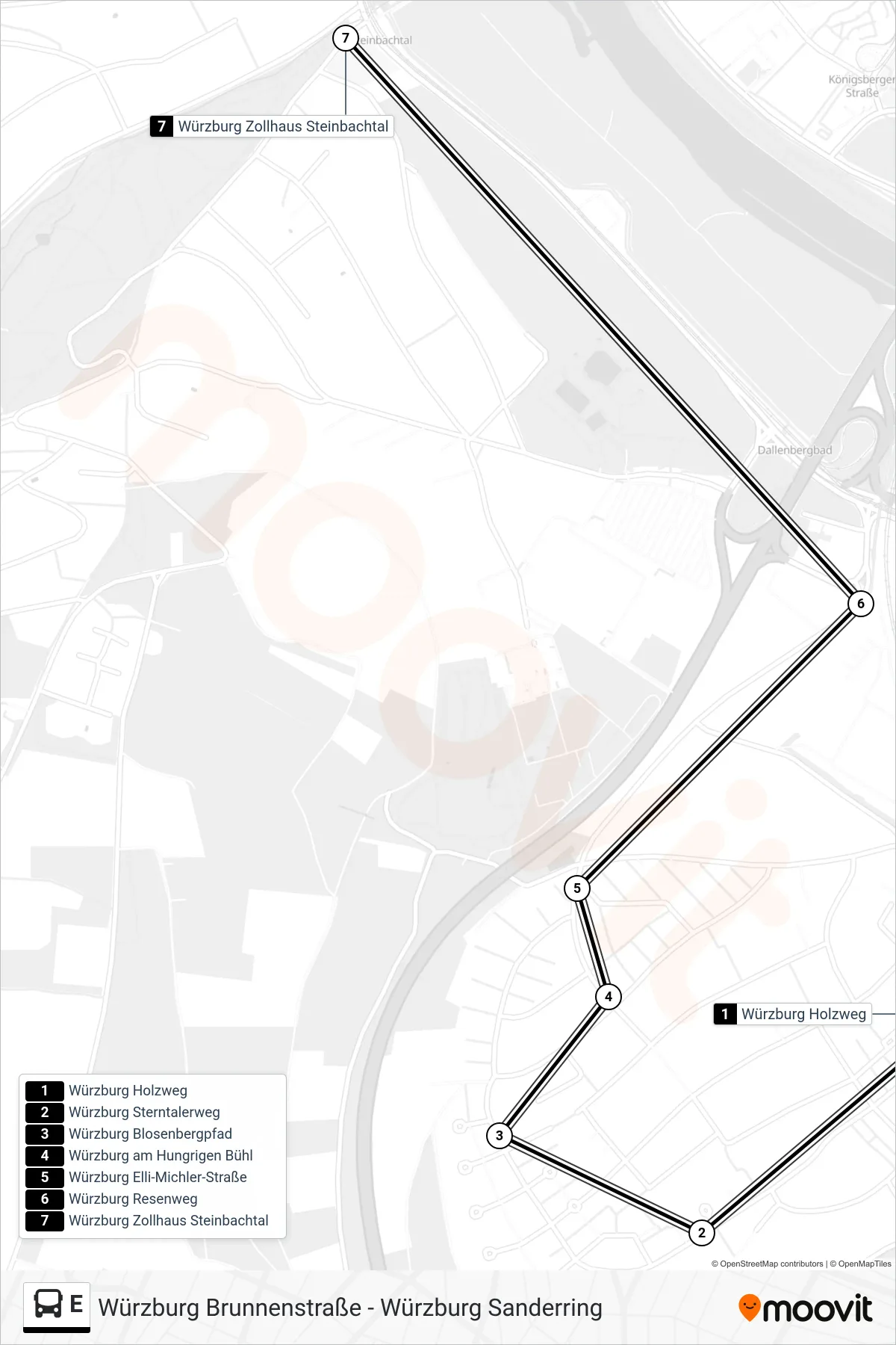 E bus Line (Zollhaus Steinbachtal) route and stops on a map
