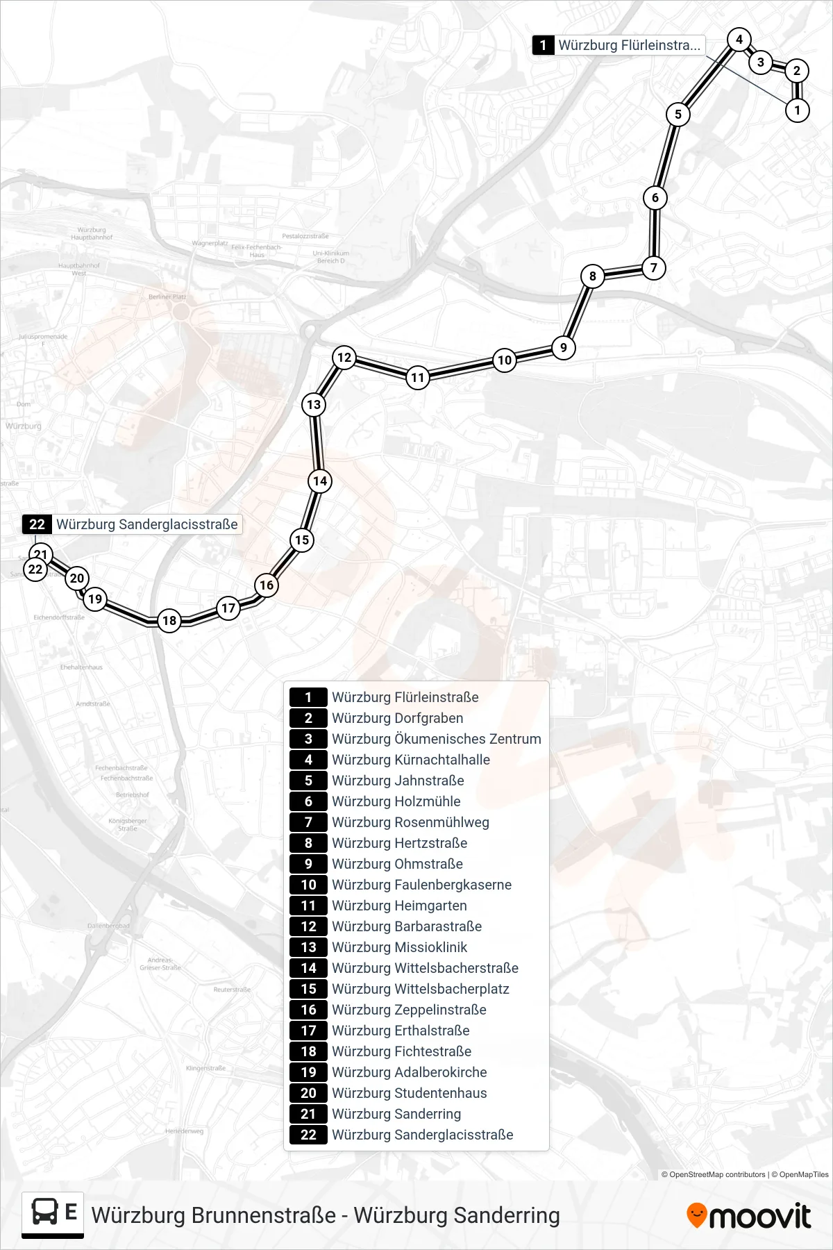 Linie E (Bus) Richtung Würzburg Sanderglacisstraße: Route und Haltestellen auf der Karte