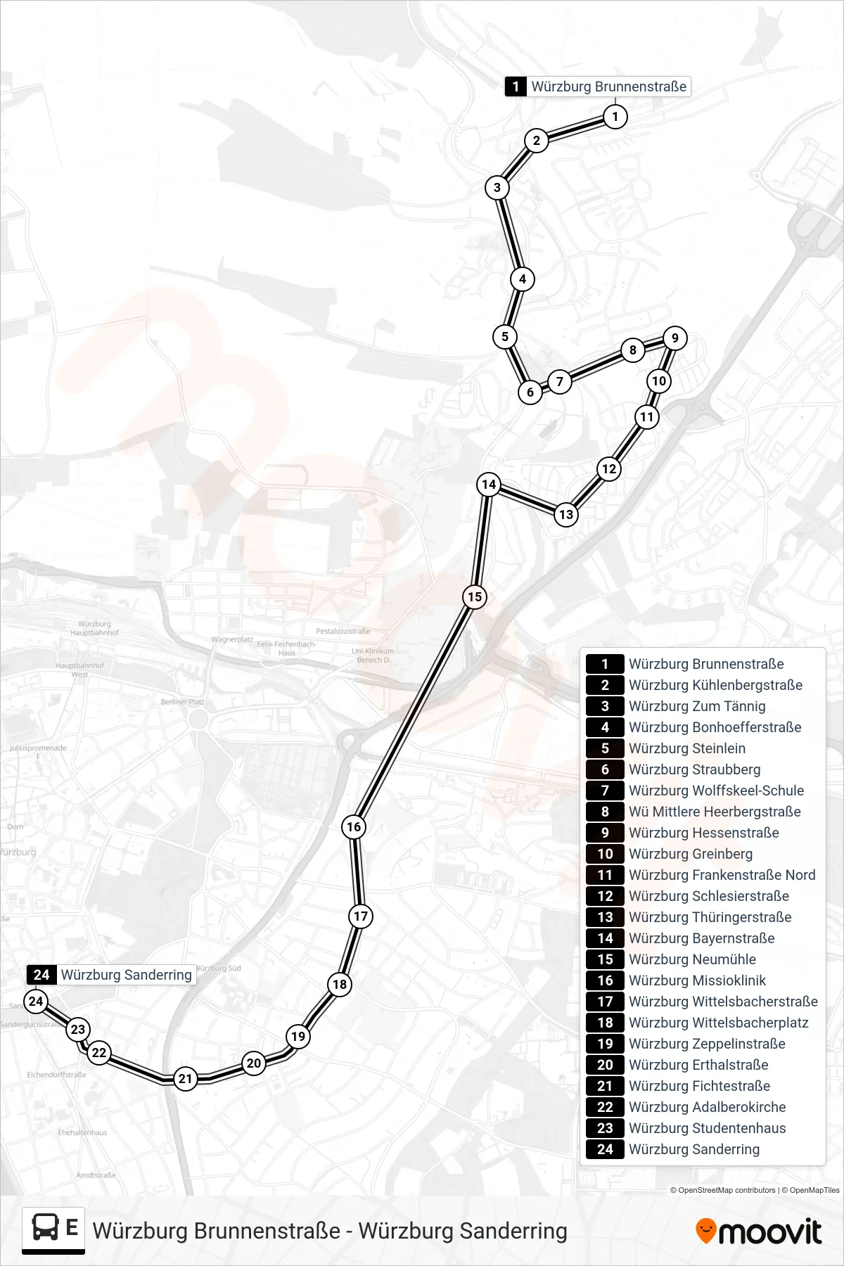 Linie E (Bus) Richtung Würzburg Sanderring: Route und Haltestellen auf der Karte