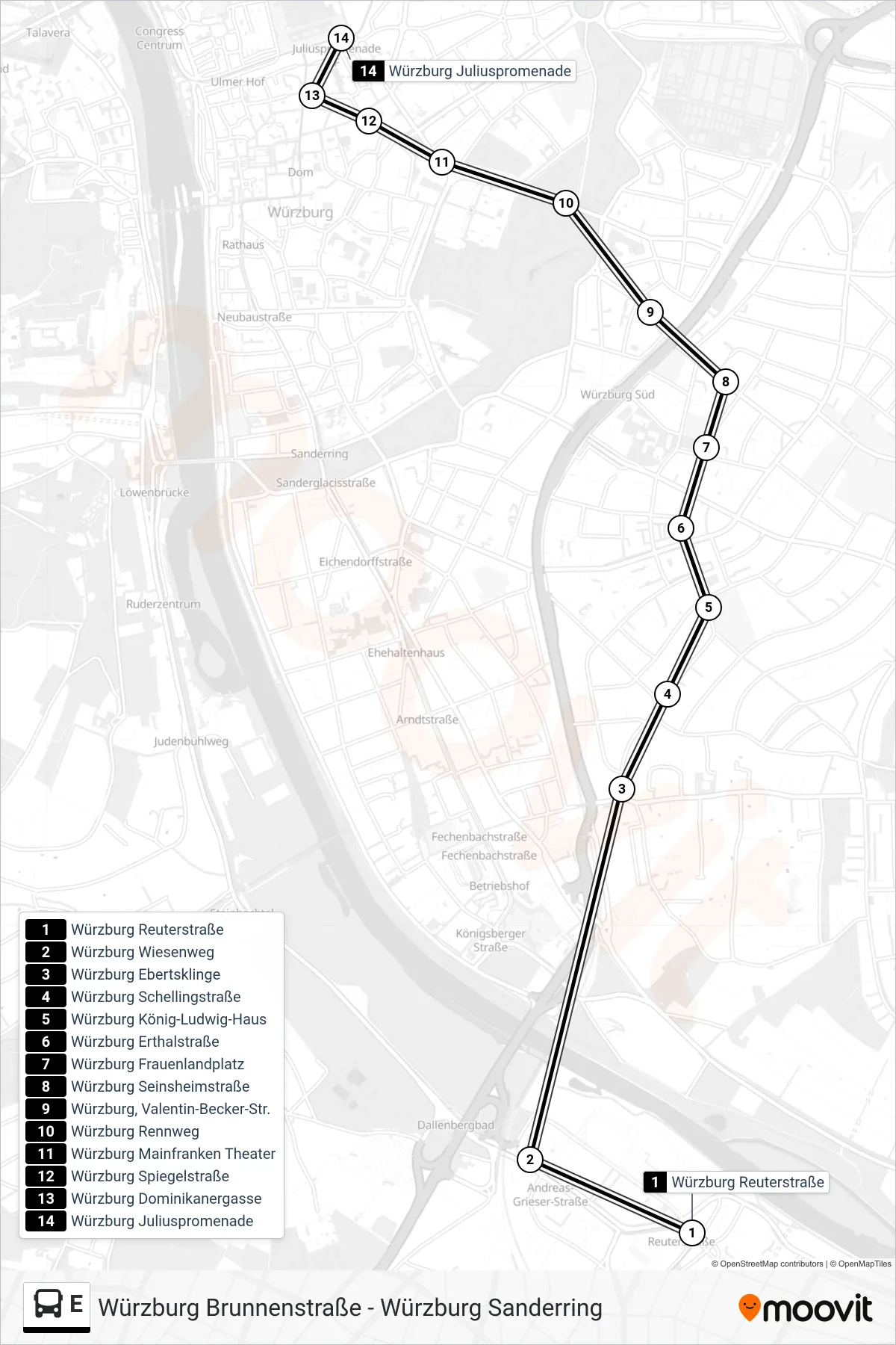 E bus Line (Würzburg Juliuspromenade) route and stops on a map