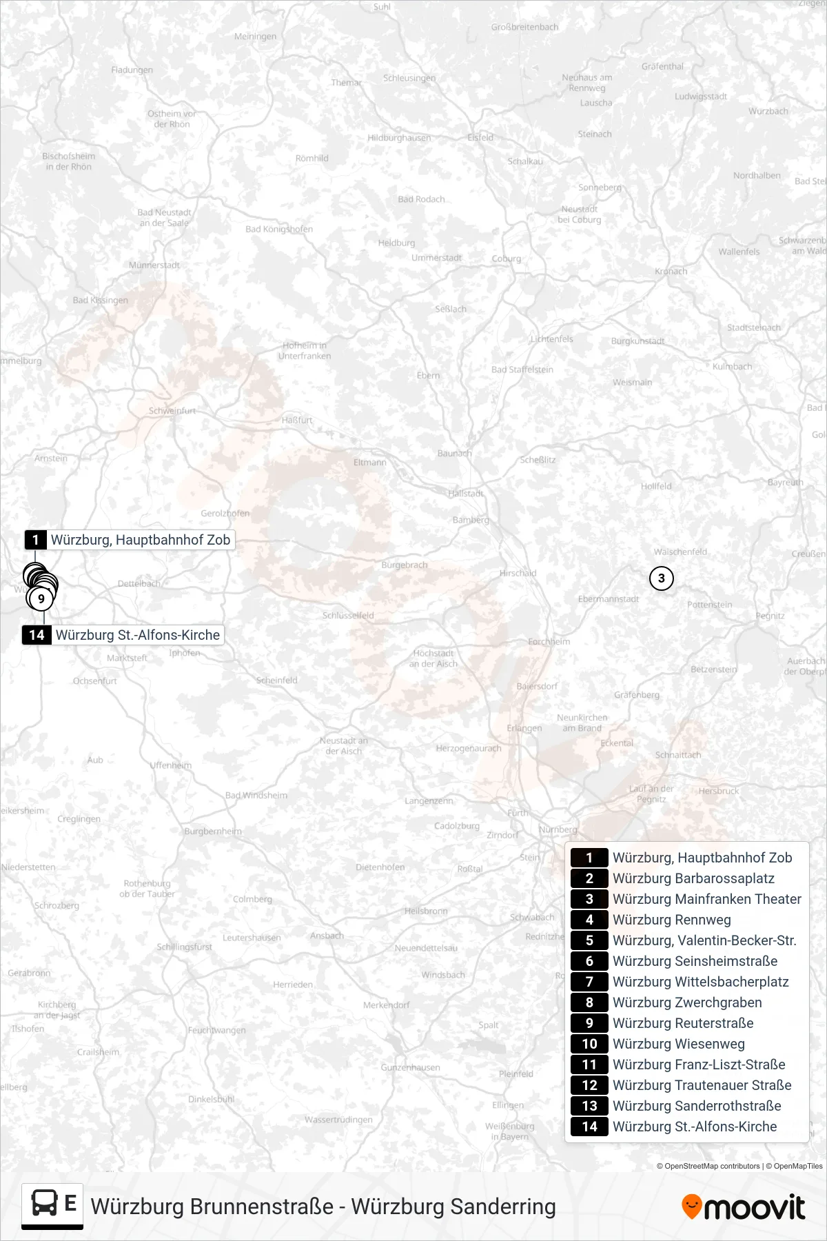 E bus Line (Würzburg St.-Alfons-Kirche) route and stops on a map