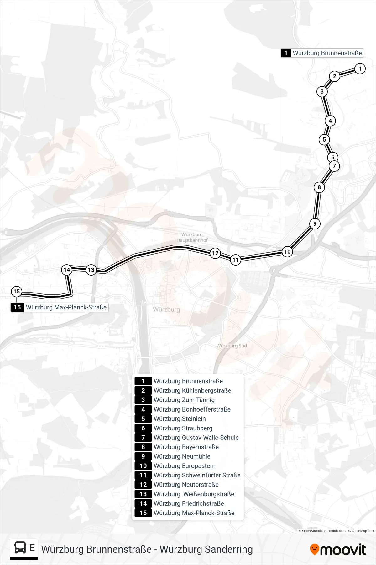 Linie E (Bus) Richtung Würzburg  Max-Planck-Straße: Route und Haltestellen auf der Karte