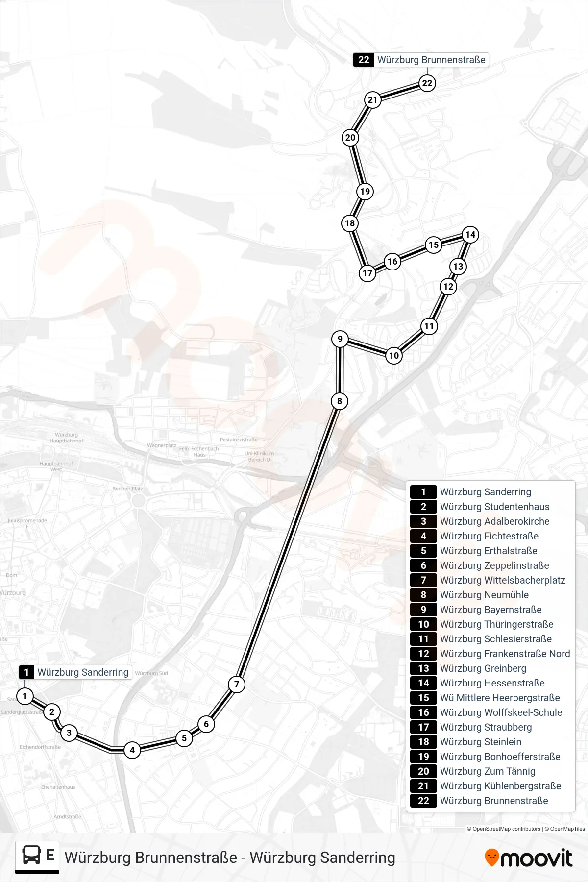 Linie E (Bus) Richtung Würzburg Brunnenstraße: Route und Haltestellen auf der Karte