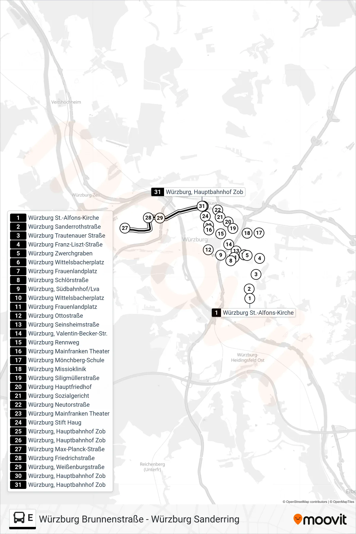 Linie E (Bus) Richtung Würzburg, Hauptbahnhof Zob: Route und Haltestellen auf der Karte