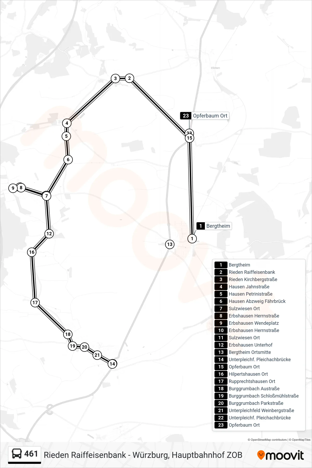 461 bus Line (Unterpleichf. Pleichachbrücke) route and stops on a map