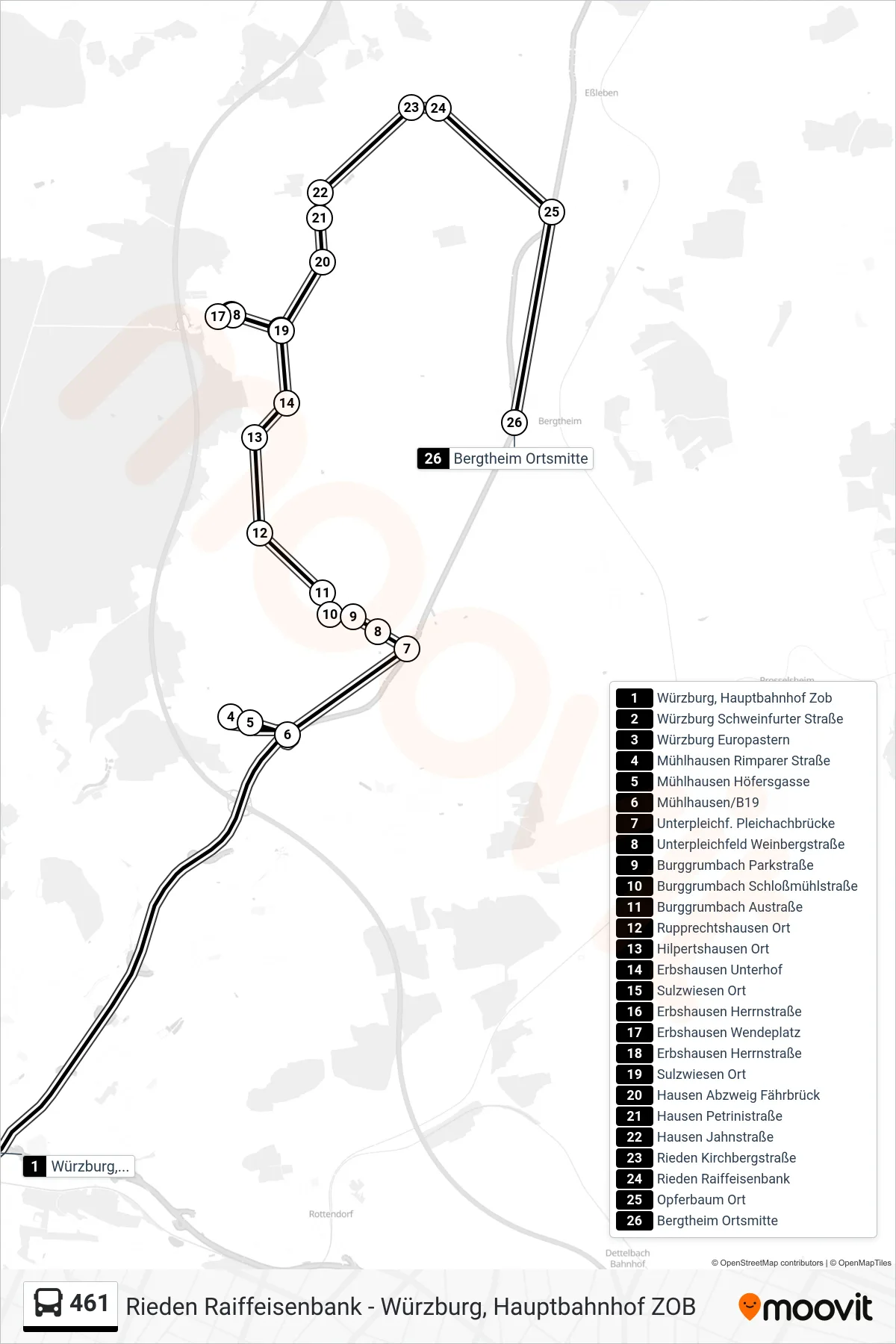 461 bus Line (Bergtheim Ortsmitte) route and stops on a map