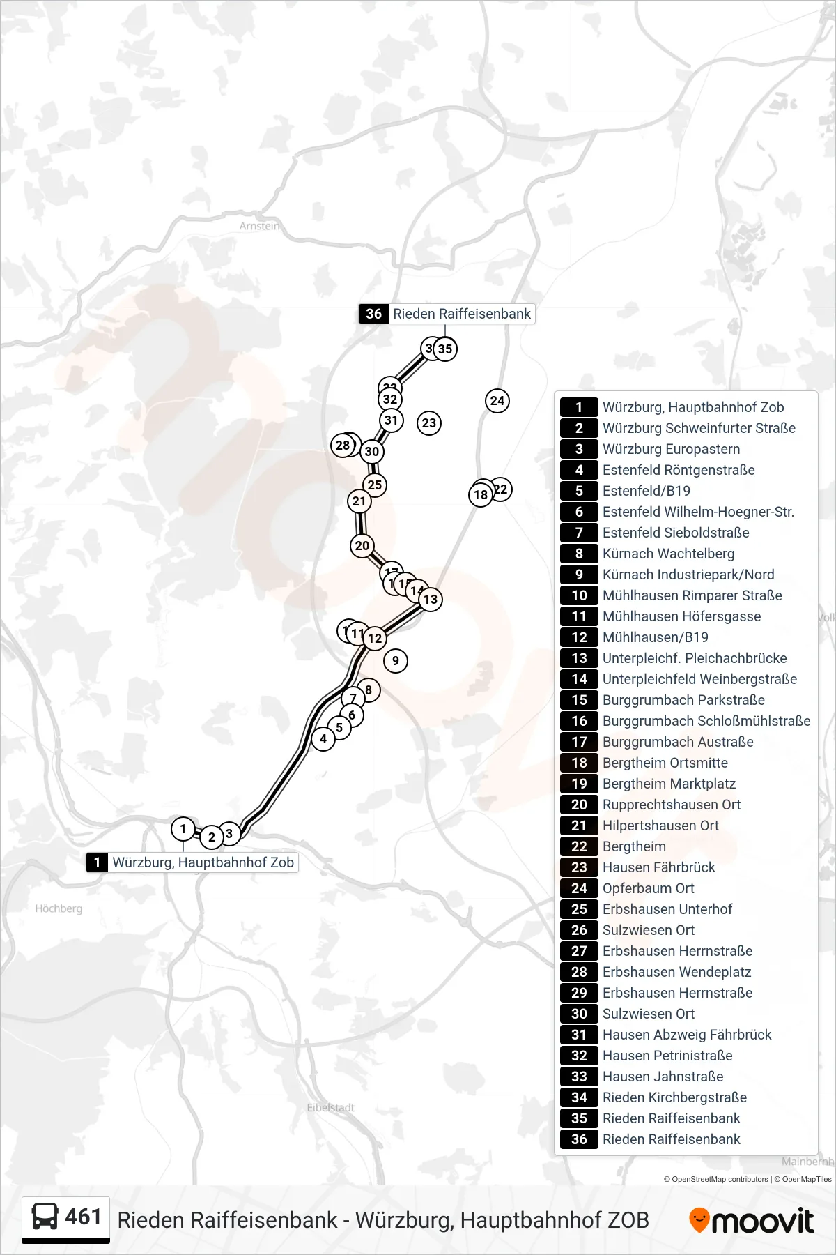 461 bus Line (Rieden Raiffeisenbank) route and stops on a map