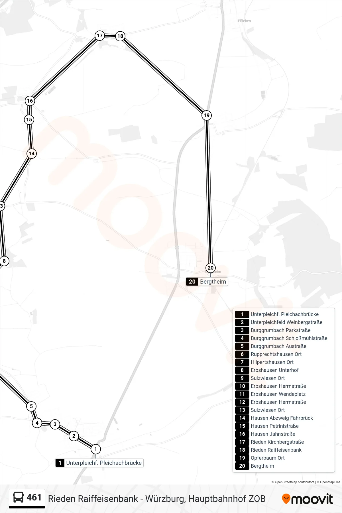 461 bus Line (Bergtheim) route and stops on a map