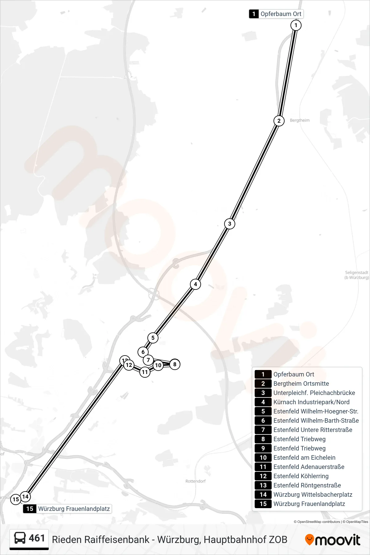 461 bus Line (Würzburg Frauenlandplatz) route and stops on a map