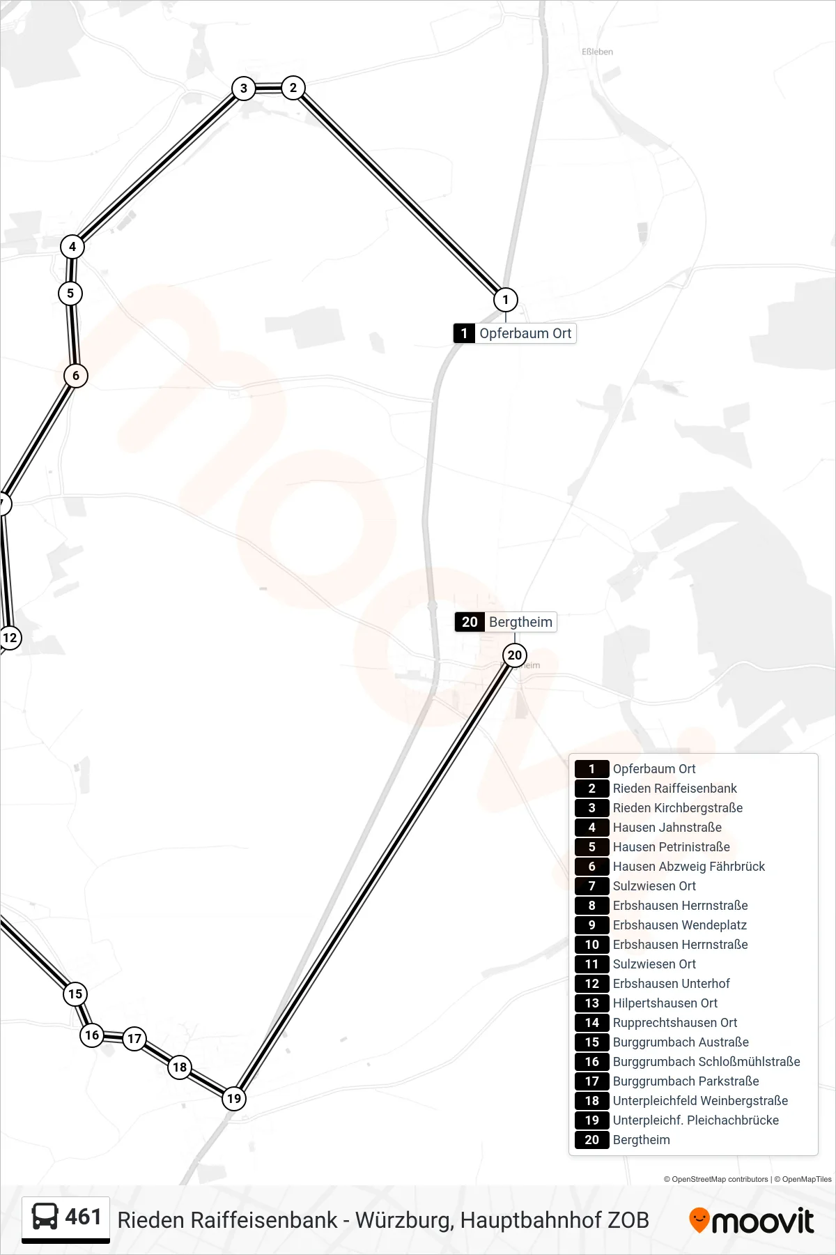 461 bus Line (Bergtheim) route and stops on a map