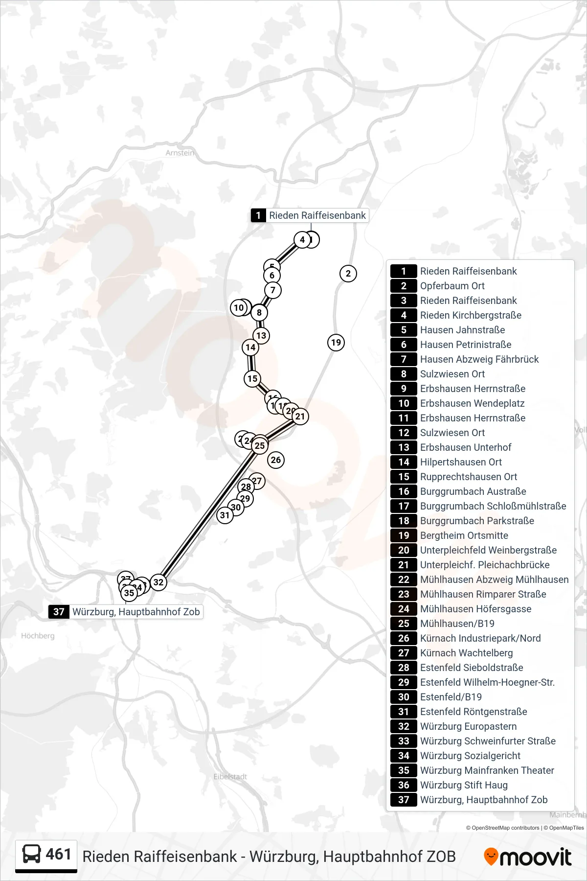 Linie 461 (Bus) Richtung Würzburg, Hauptbahnhof Zob: Route und Haltestellen auf der Karte