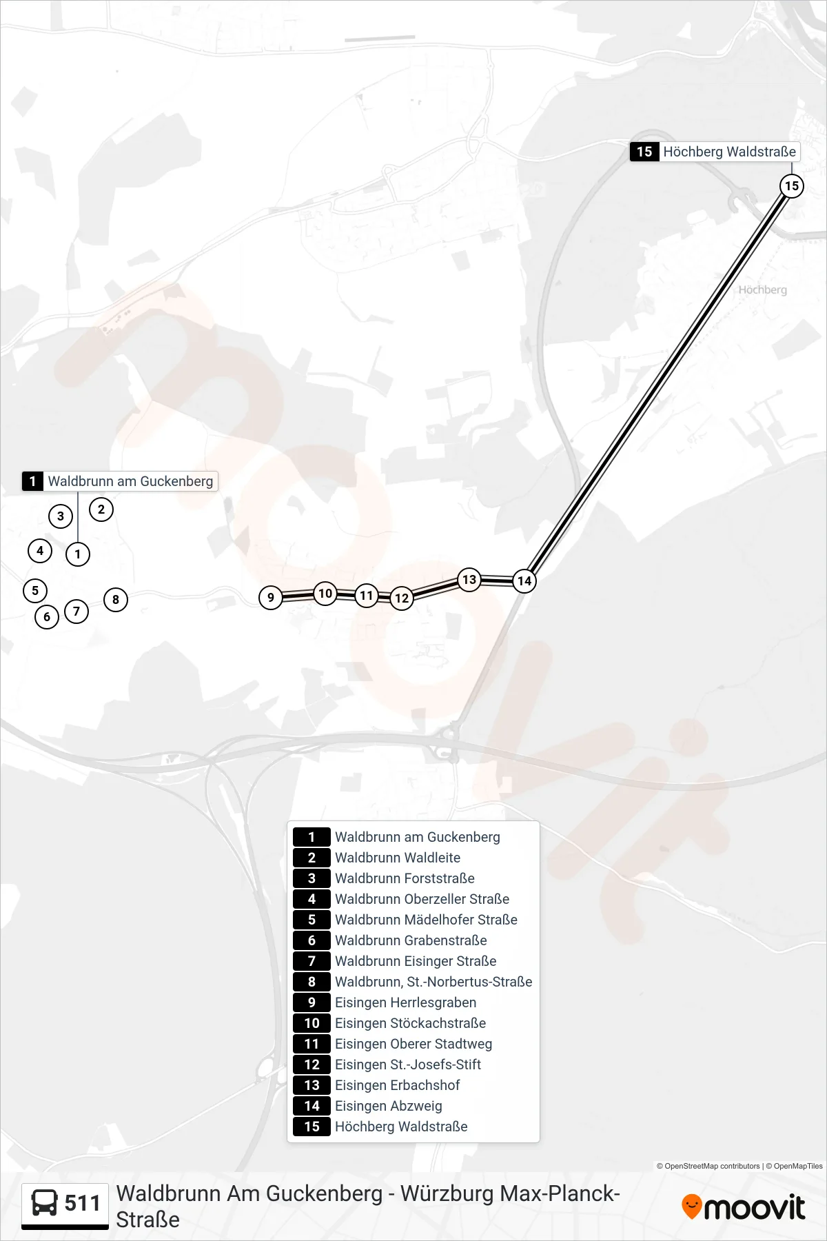 511 bus Line (Höchberg Waldstraße) route and stops on a map