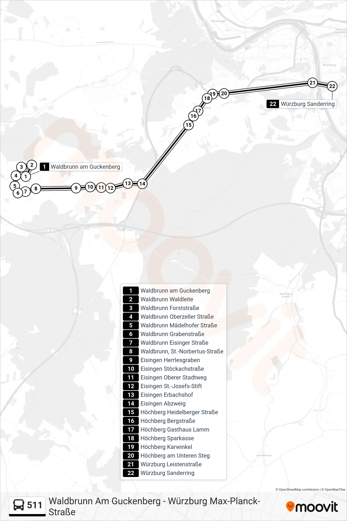 511 bus Line (Würzburg Sanderring) route and stops on a map