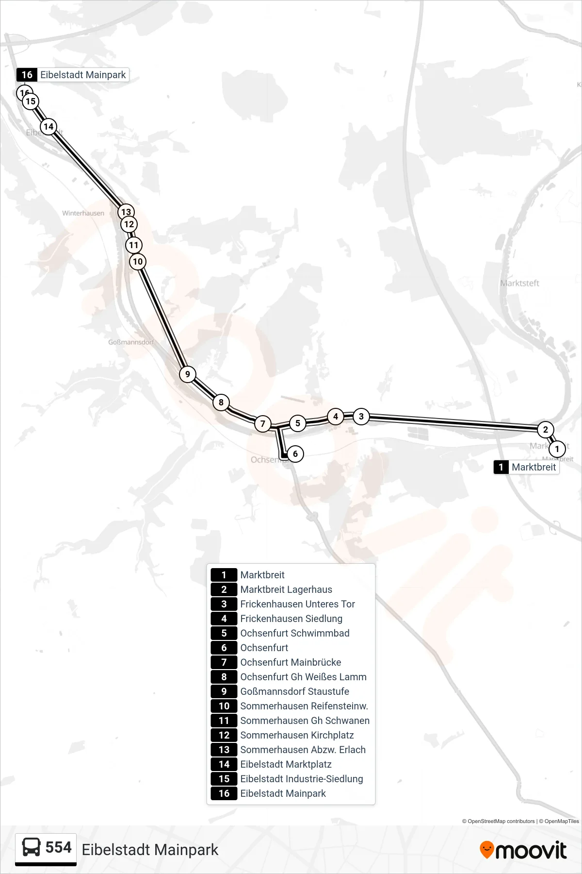 554 bus Line (Eibelstadt Mainpark) route and stops on a map