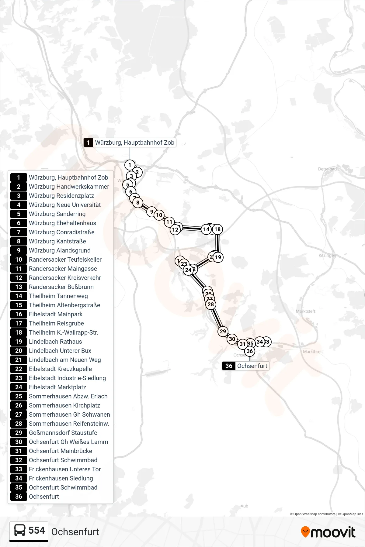554 bus Line (Ochsenfurt) route and stops on a map