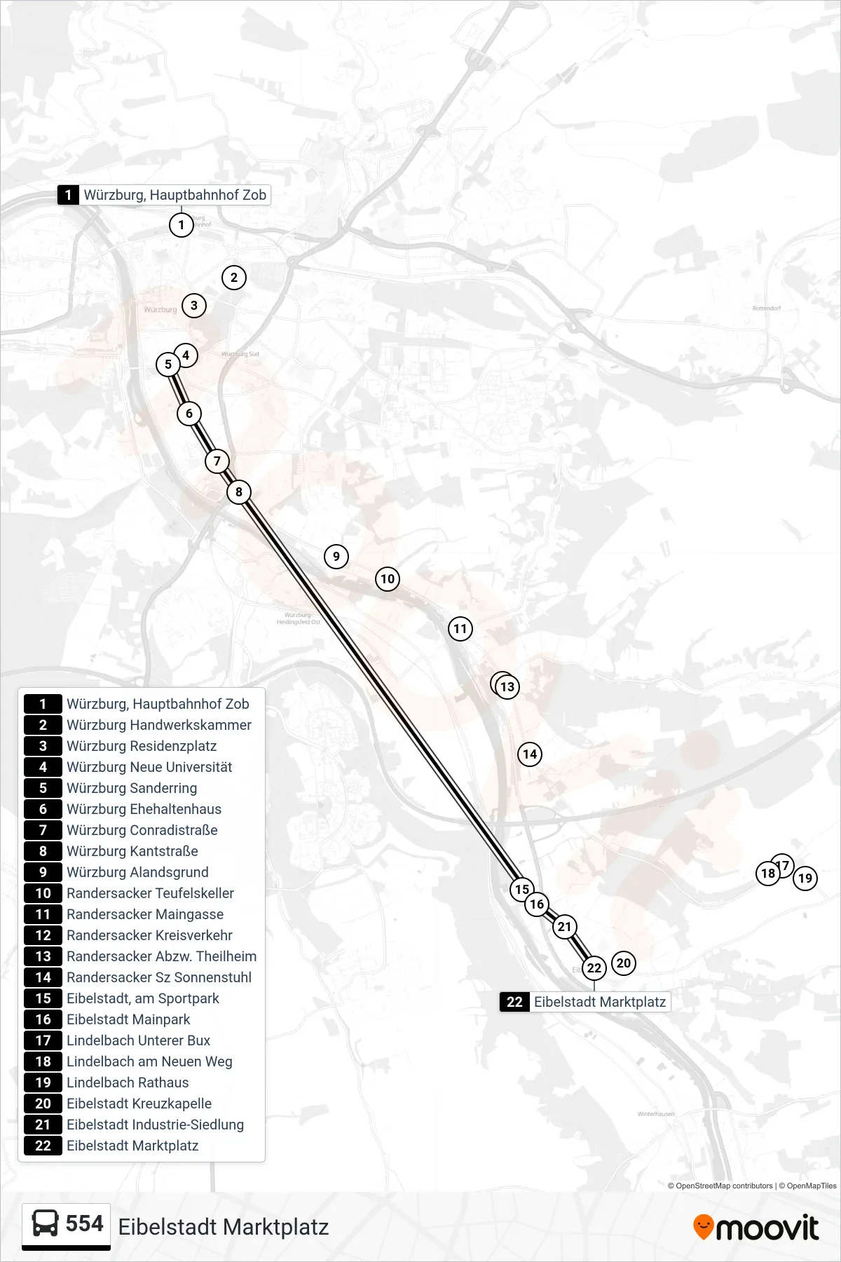 554 bus Line (Eibelstadt Marktplatz) route and stops on a map