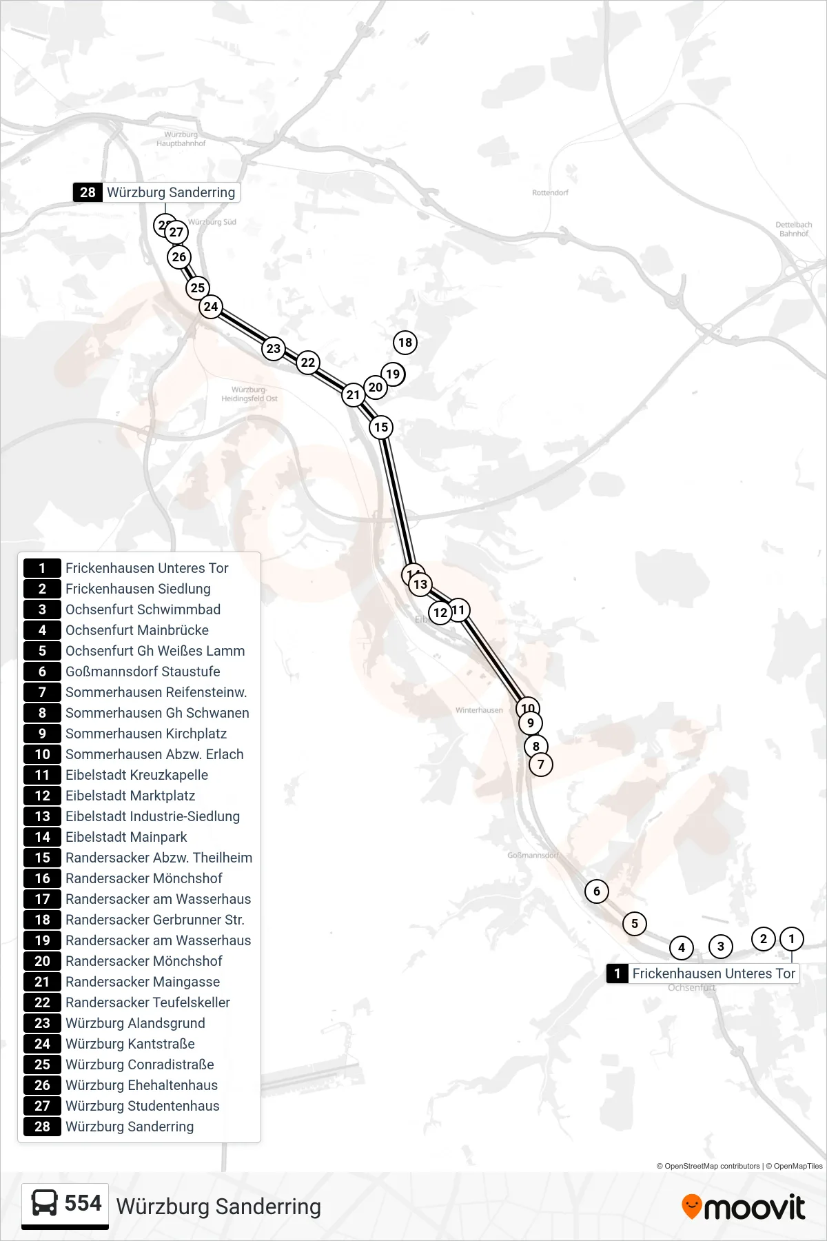 554 bus Line (Würzburg Sanderring) route and stops on a map