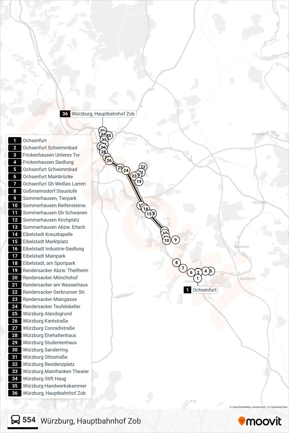 Linie 554 (Bus) Richtung Würzburg, Hauptbahnhof Zob: Route und Haltestellen auf der Karte