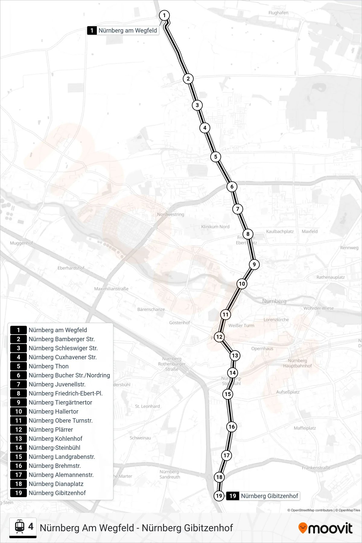 Linie 4 (Straßenbahn) Richtung Gibitzenhof: Route und Haltestellen auf der Karte